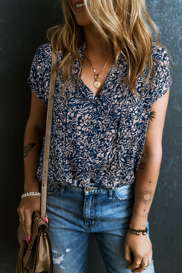 Blue Abstract Print Buttoned V Neck Short Sleeve Blouse