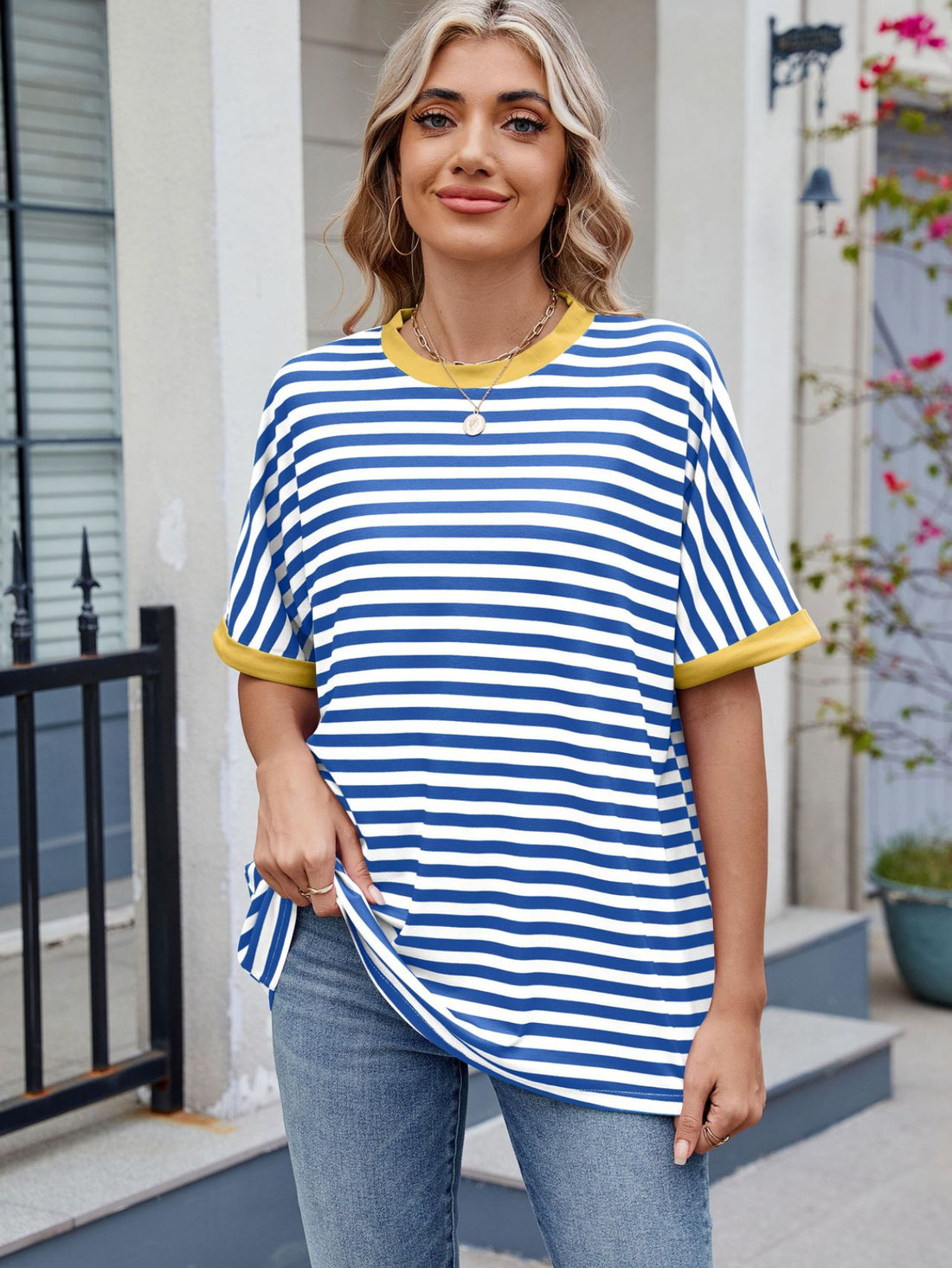 Crew Neck Sleeve Striped Casual Short Sleeve T-Shirt