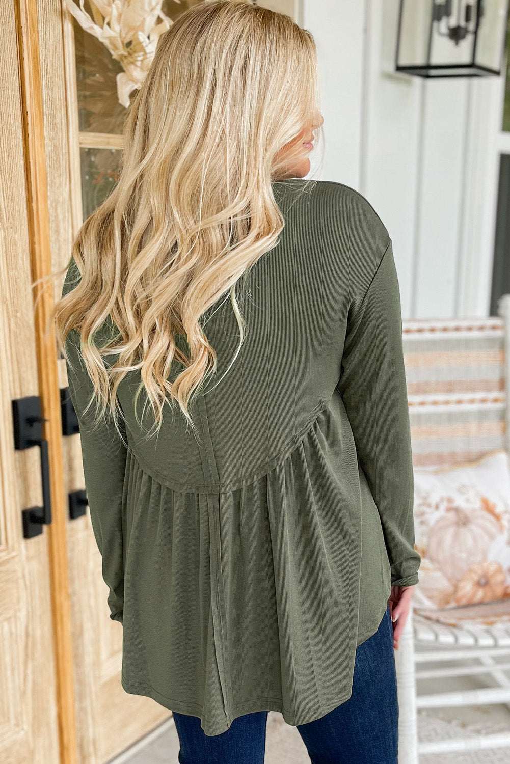 Mist Green Plus Size Thermal Knitted Babydoll Flare Top