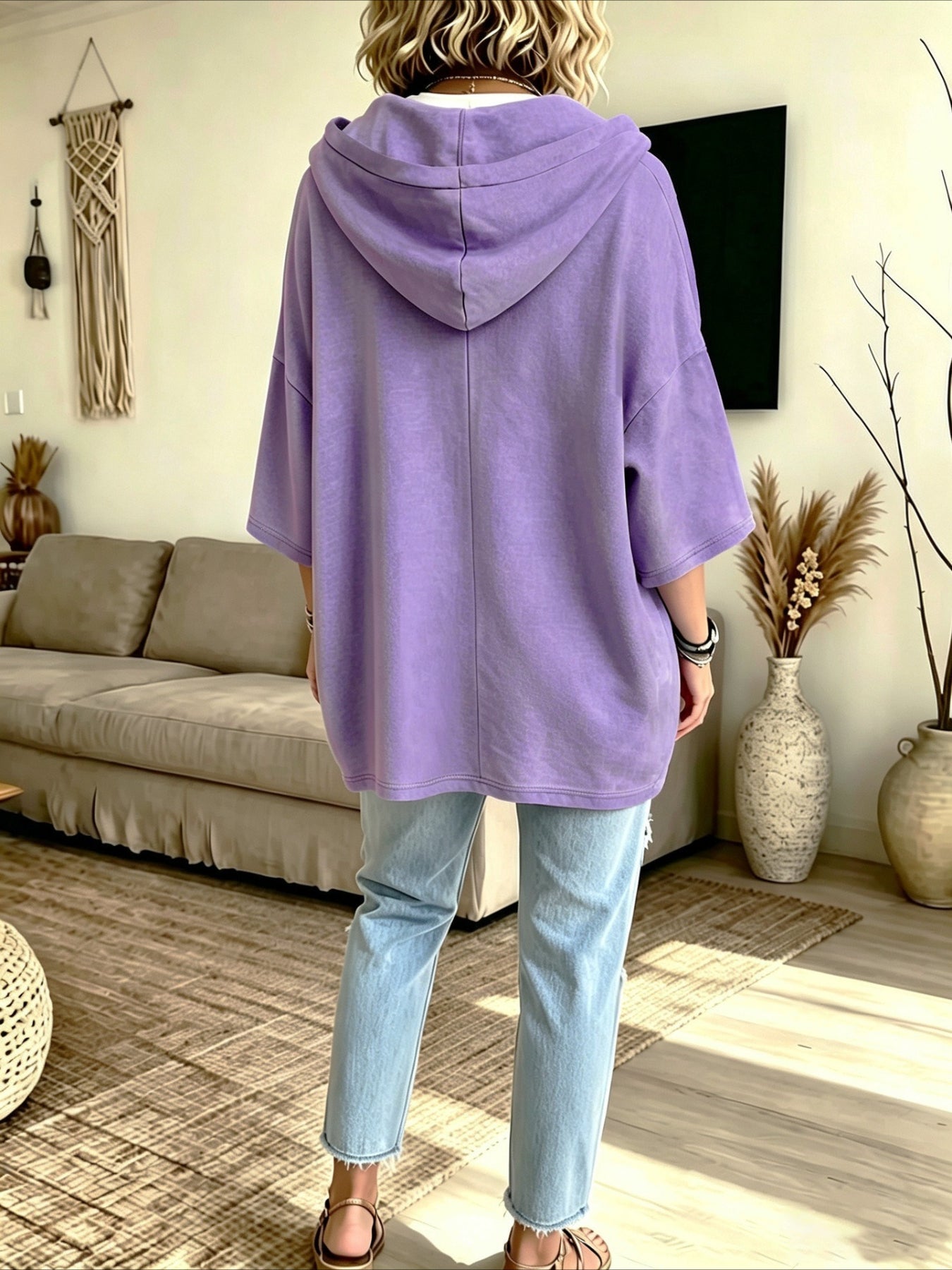 Seven-quarter Sleeves Solid Color Casual Hooded Sweatshirt