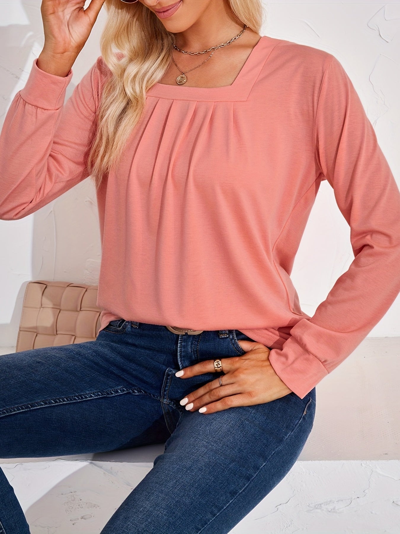 Solid Square Long Sleeve T-Shirt, Casual T-Shirt