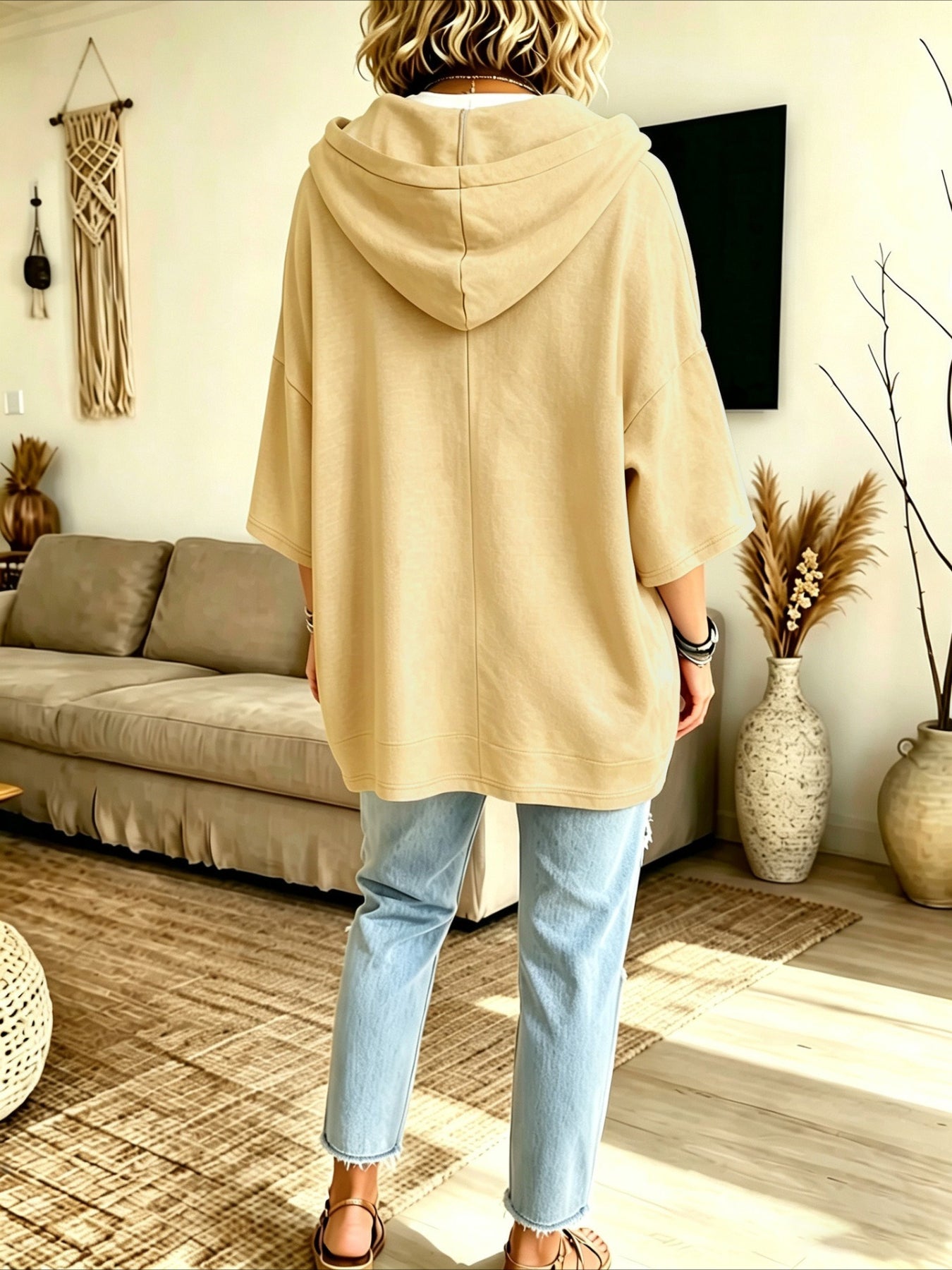 Seven-quarter Sleeves Solid Color Casual Hooded Sweatshirt