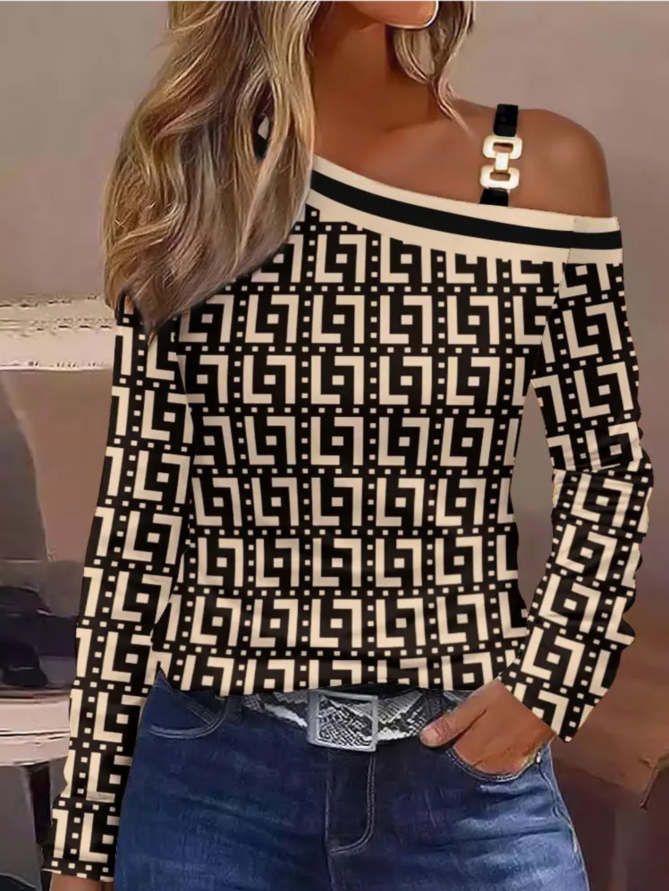 Cutout Lace Stitching Cold Shoulder T-Shirt, Casual Long Sleeve Top