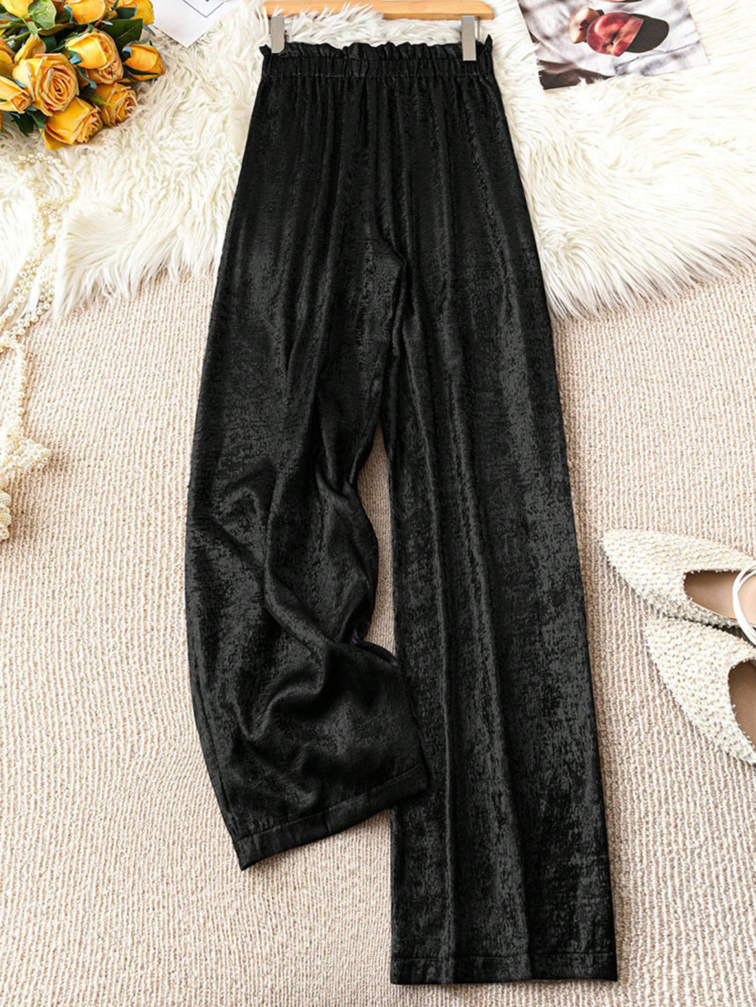 Women's Elegant Golden Velvet Wide Leg Pants, Solid Color, Long Length, Casual Loose Fit