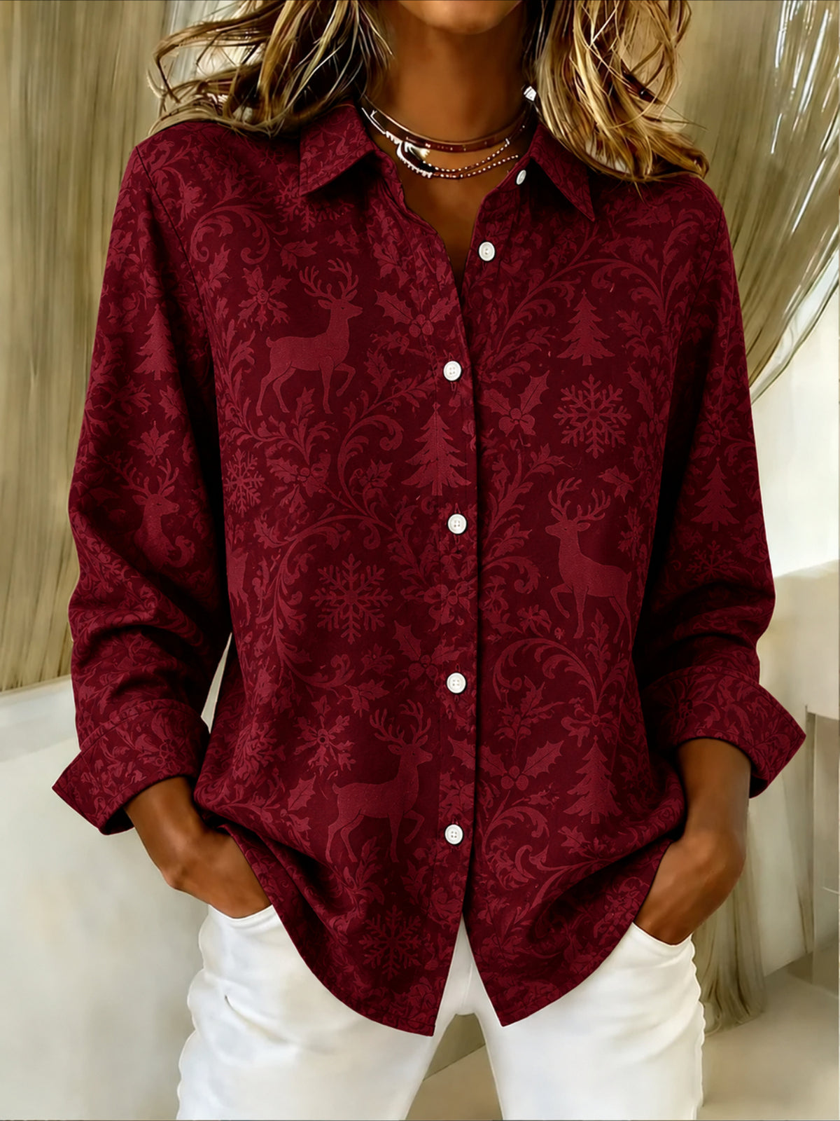 Christmas Patterns Long Sleeve Plain Regular Micro-Elasticity Regular Fit Shirt