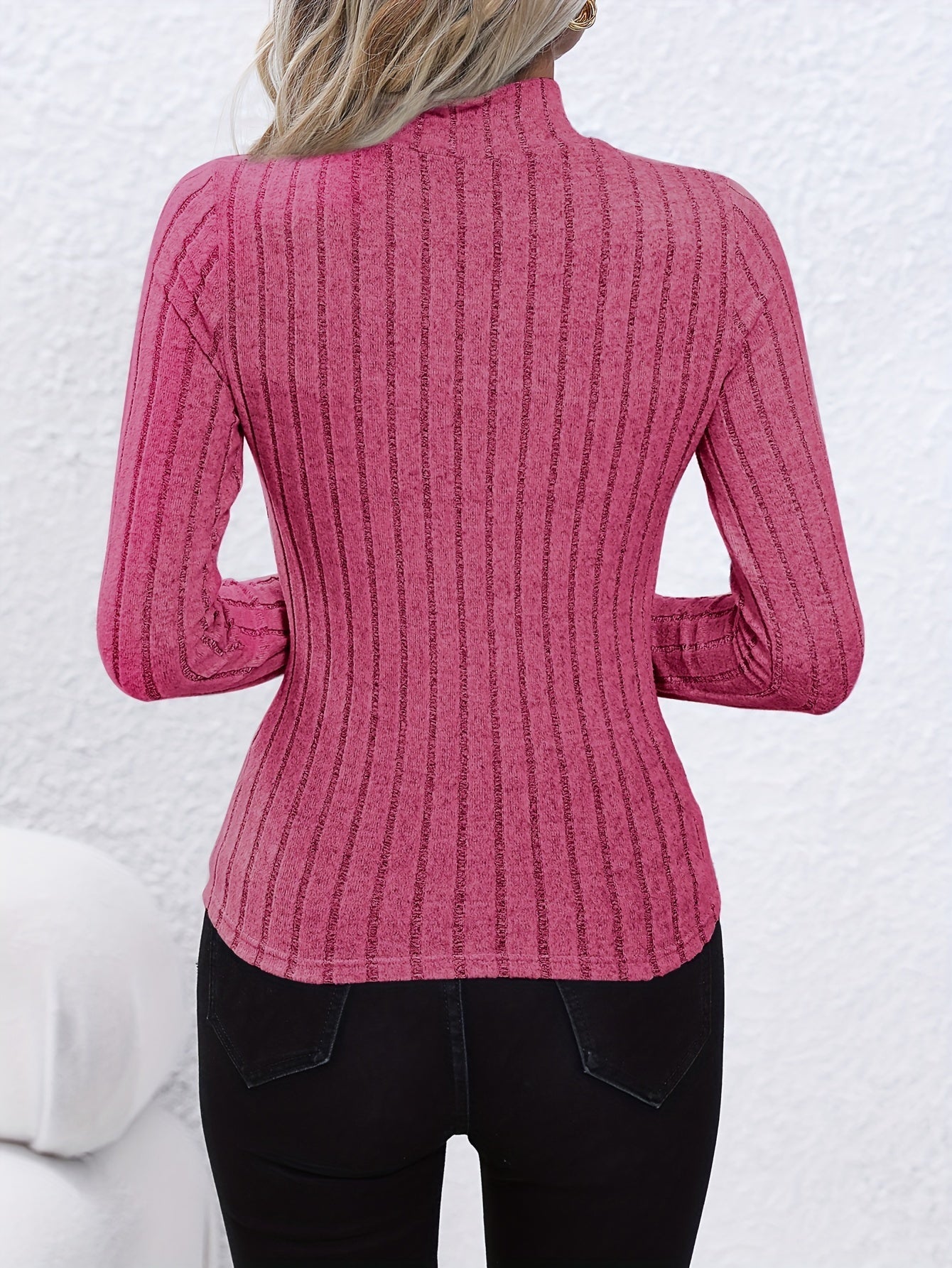 Solid Ribbed Mock Neck Pullover Sweater, Elegant Long Sleeve Sweater
