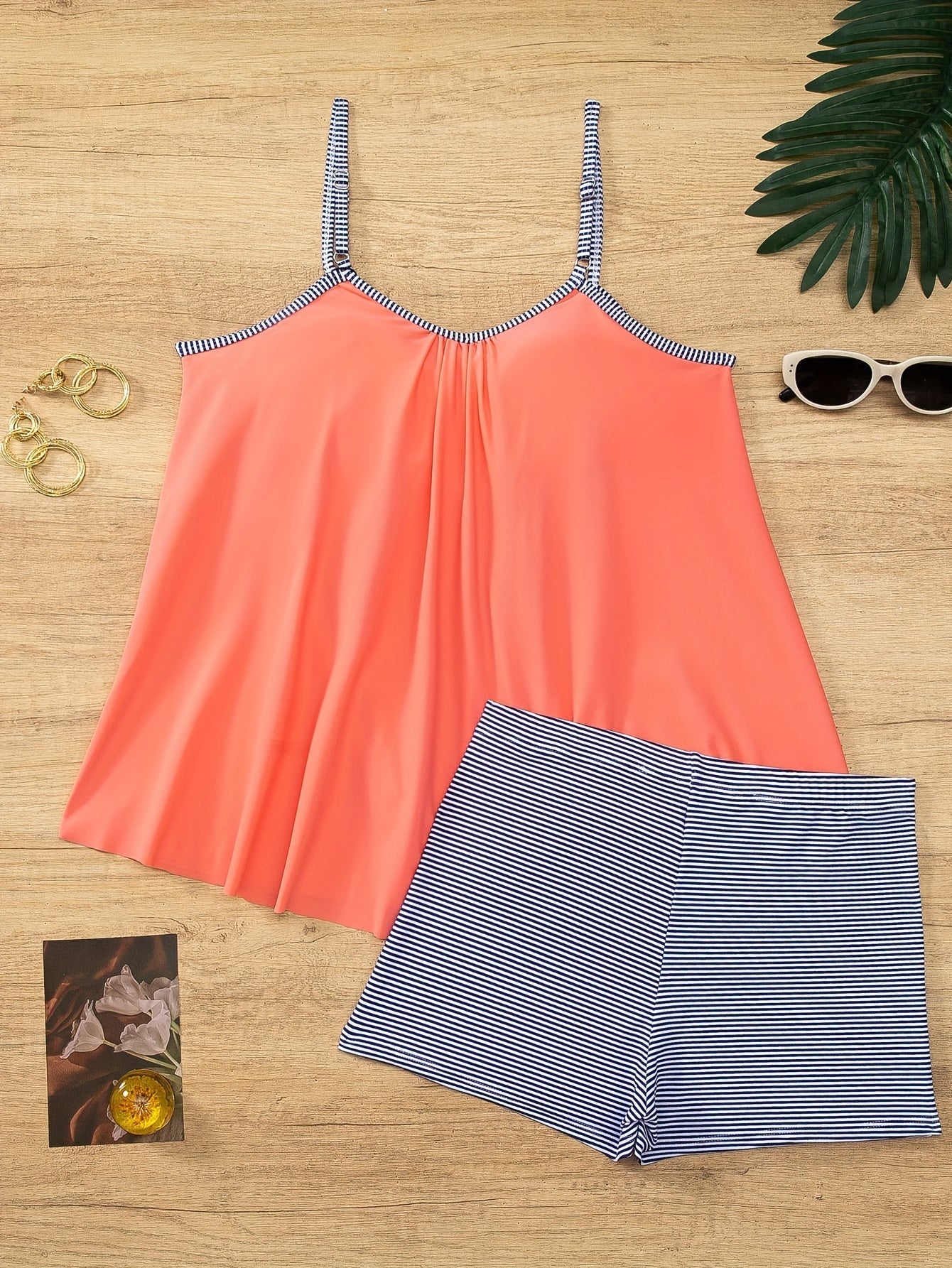 Women's Striped Spaghetti Strap Tankini Swimsuit Set, Two-Piece Swimwear With Boxer Short Bottom, Beachwear