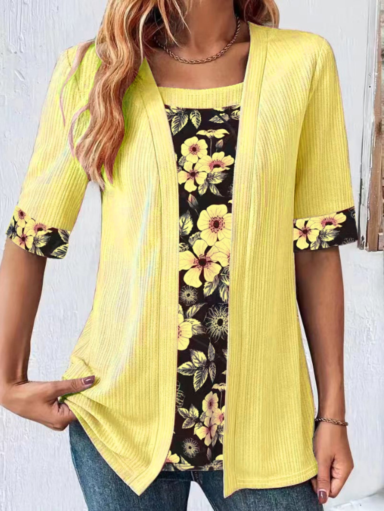 Ladies' Floral Print Fake Two Piece T-Shirt With Square Neckline