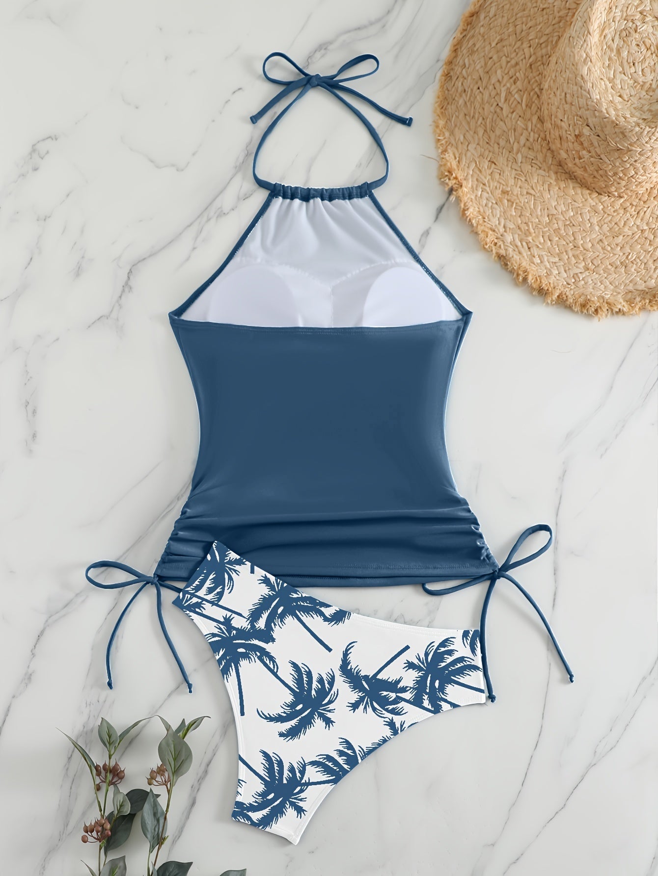 Coconut Tree Sunset Pattern Drawstring 2 Piece Set Swimsuit, Halter Tie Neck Backless Stretchy Low Waist Bathing Suit