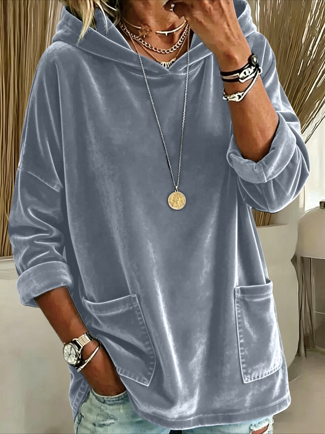 Relaxed Fit Long Sleeve Velvet Hoodie with Pockets