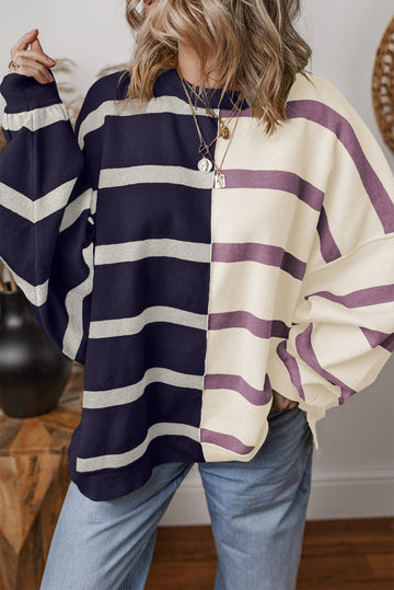 Blue Stripe Colorblock Oversized Sweater