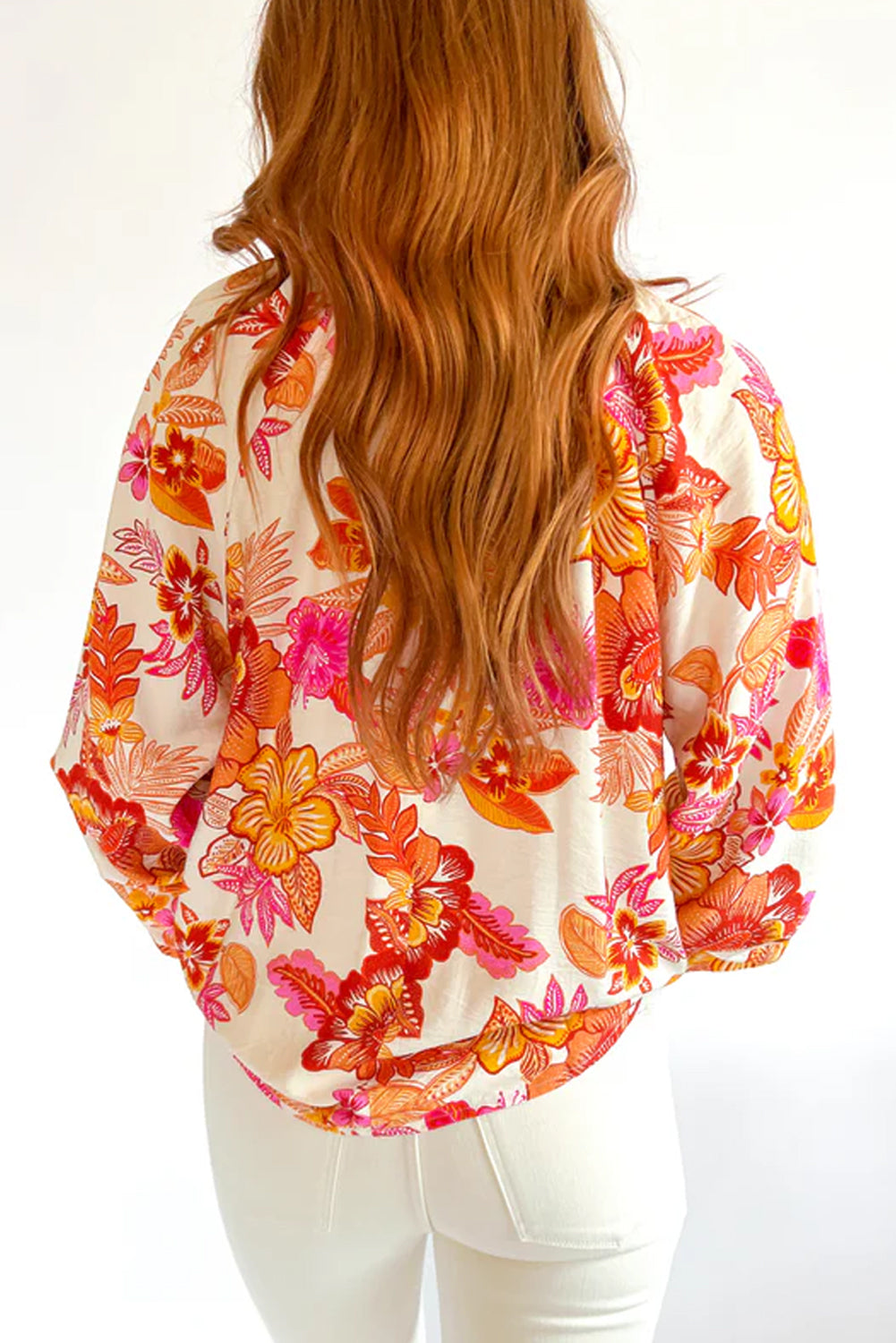 Orange Floral Print Pearl Button Keyhole Long Puff Sleeve Blouse