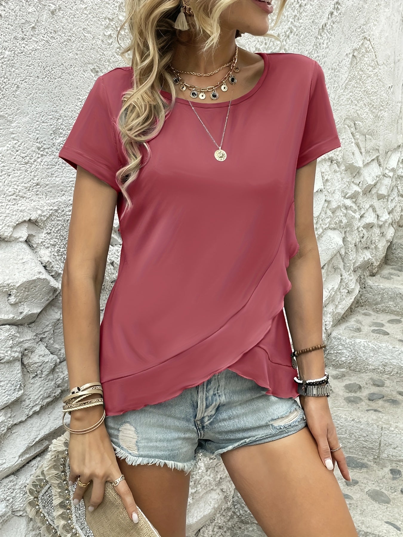 Asymmetrical Ruffle Hem T-Shirt, Casual Crew Neck Short Sleeve T-Shirt