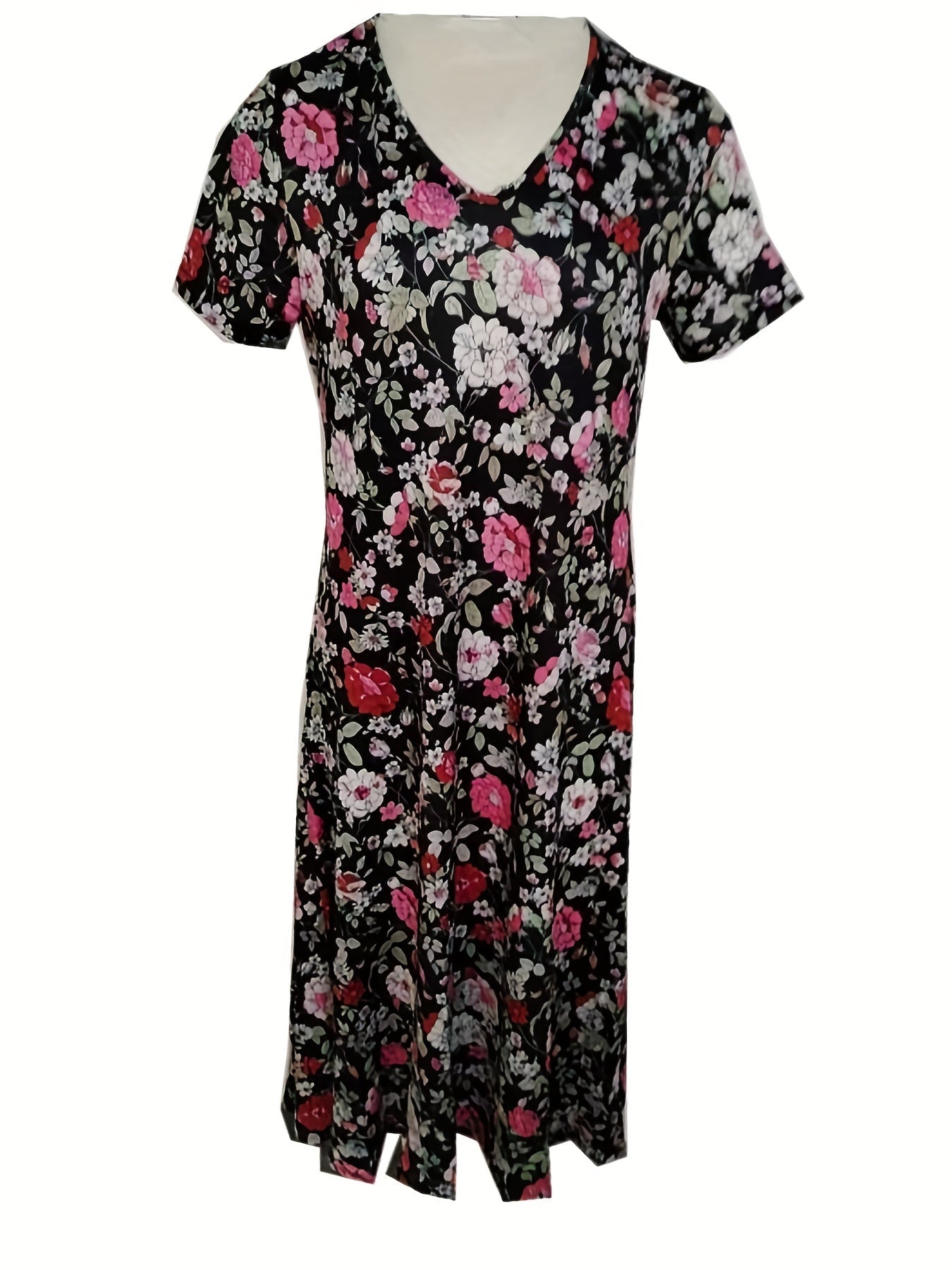 Floral Print Pleated Dress, Vintage Elegant V Neck Short Sleeve Dress