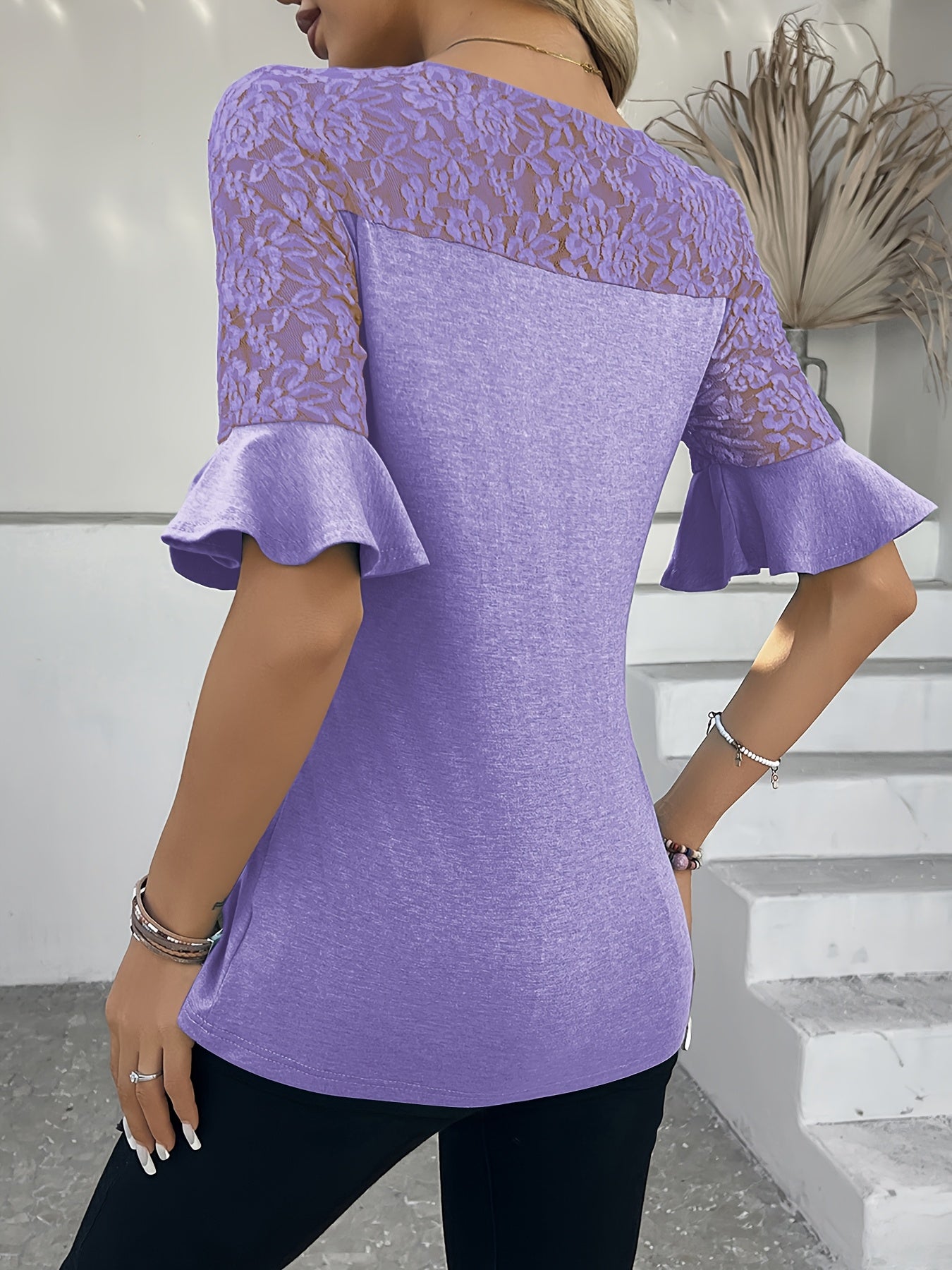 Elegant Pink Knit Crew Neck Fashion Lace Detail and Ruffled Sleeves T-Shirt