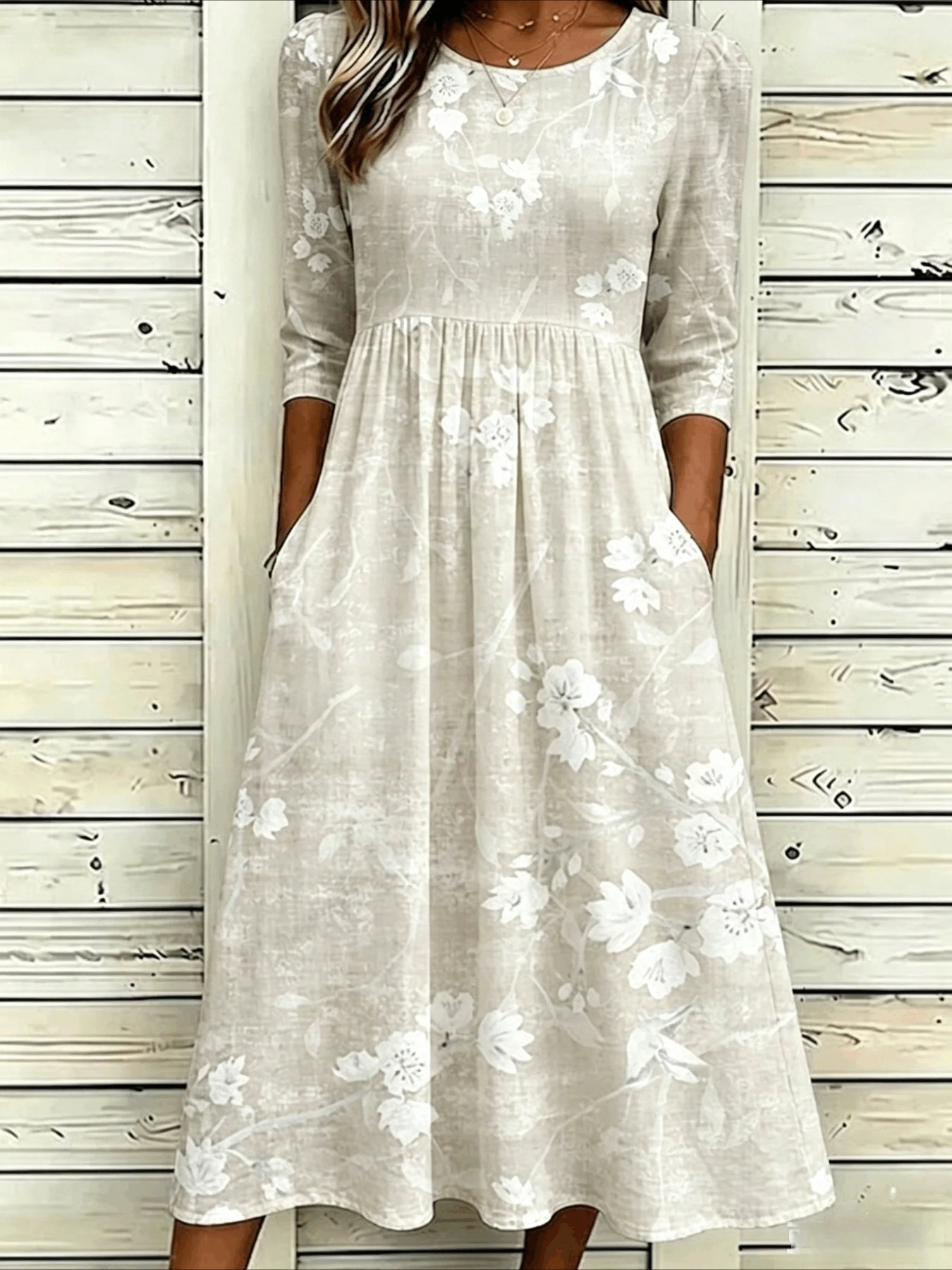 Flower Casual Round Neck Half Sleeve Mid Dress