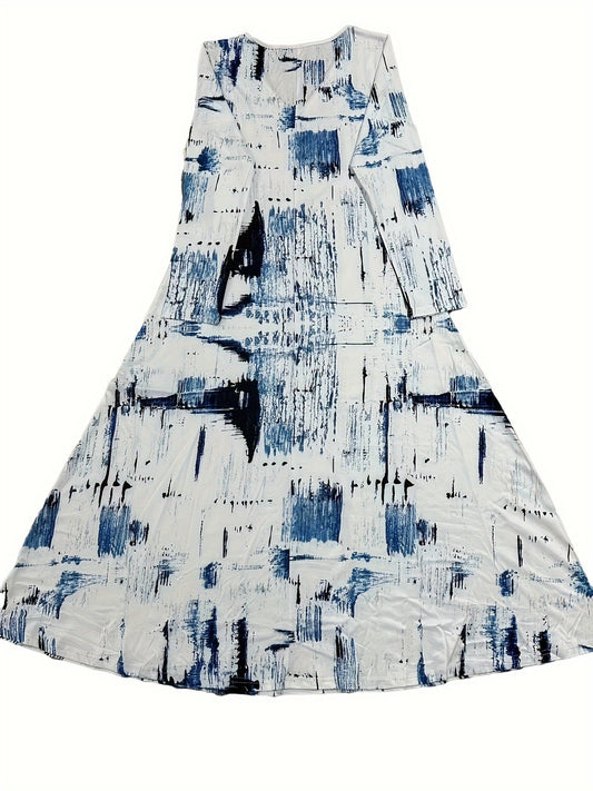 Abstract Print Dress, Casual V Neck Long Sleeve Maxi Dress