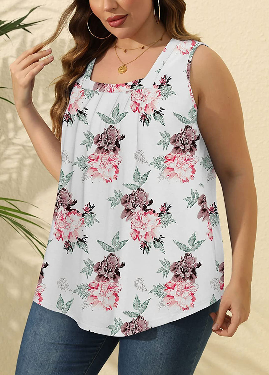 Pleated Square Neck Printed Sleeveless Vest Top