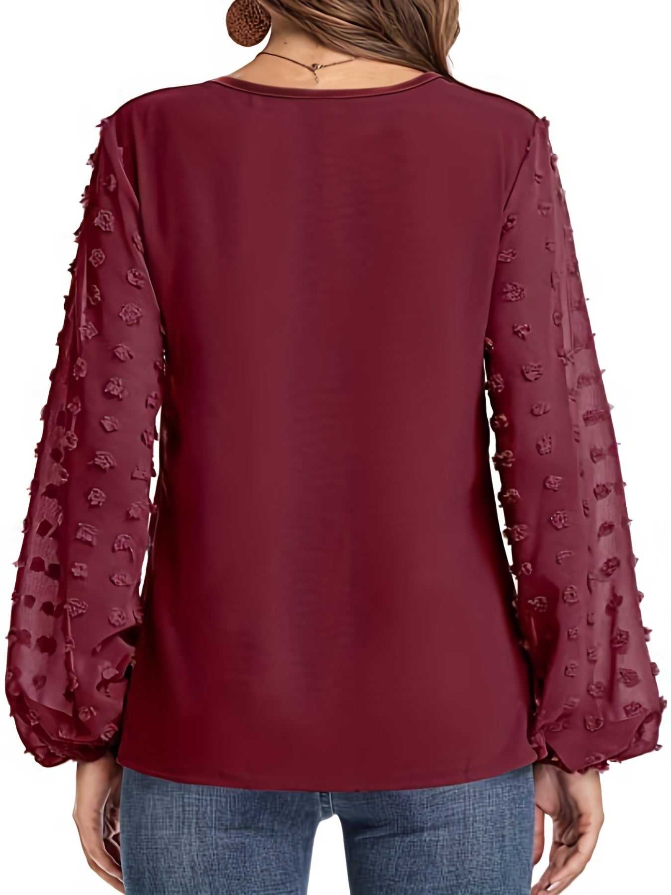 Swiss Dot Sleeve Shirt, Casual V Neck Solid Shirt