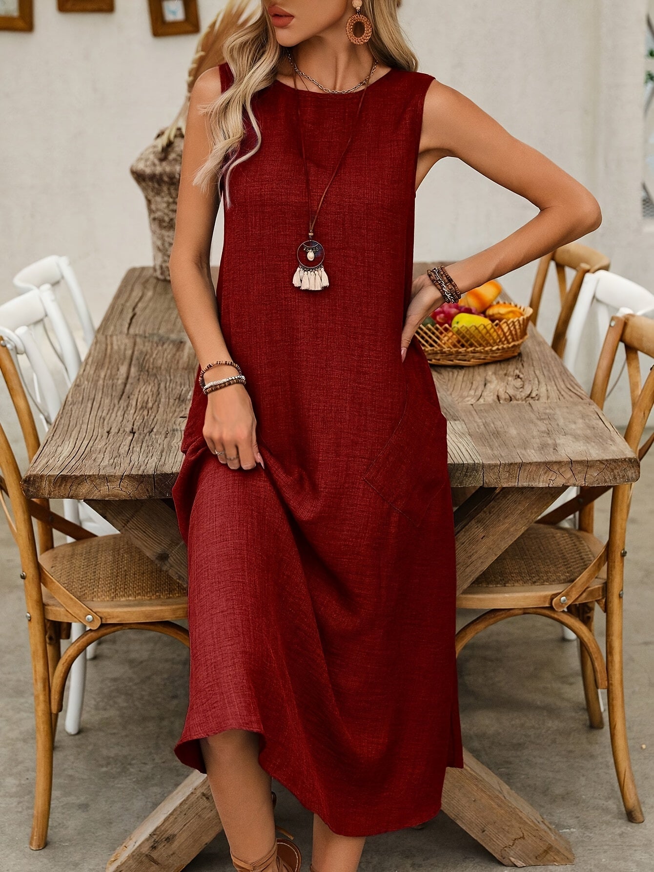 Elegant Round Neck Solid Color Beige Sleeveless Midi Dress