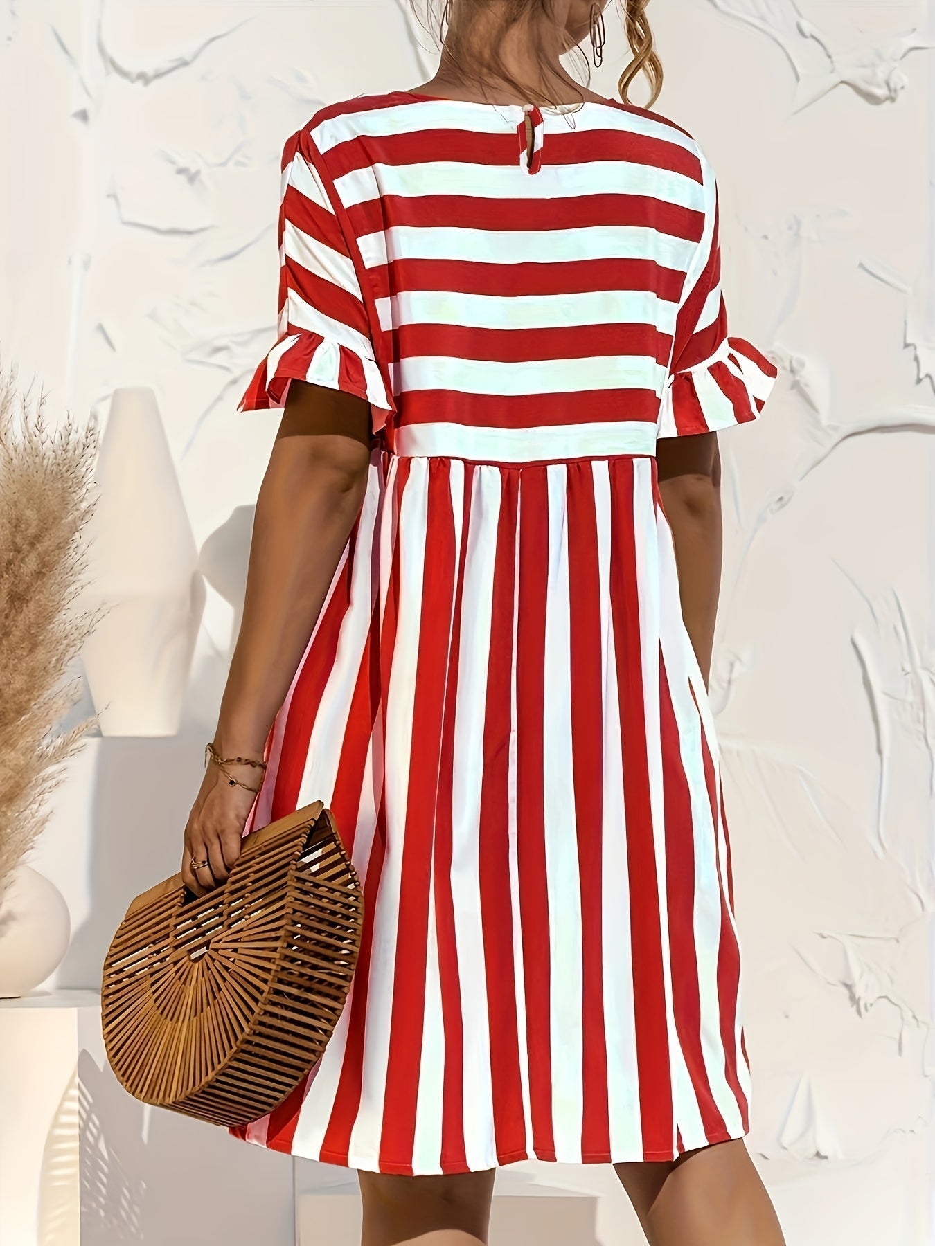 Short Sleeve Beach Dress, Crew Neck Vacation Casual Dress