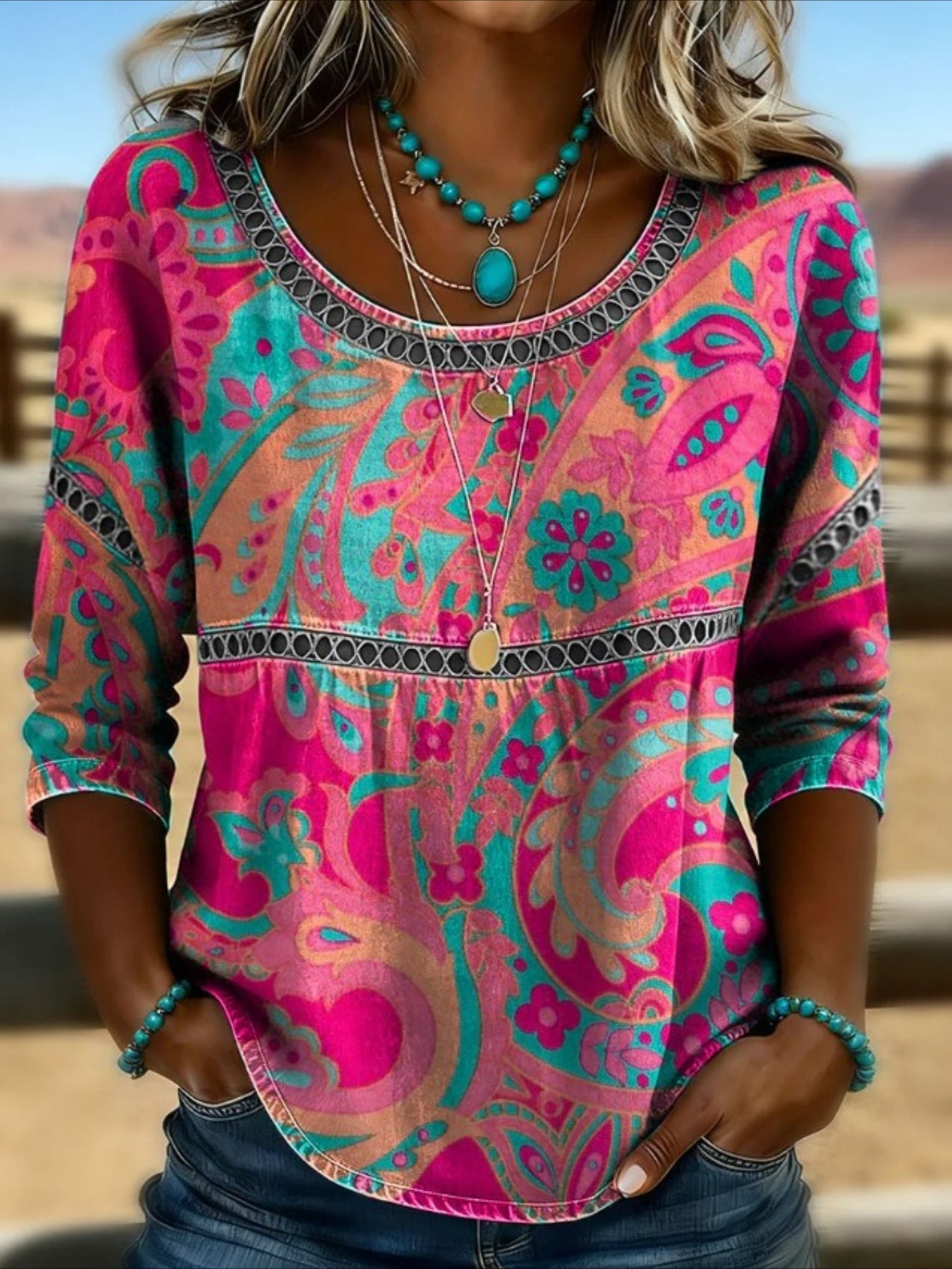 Printed Mid Sleeve Pleated Round Neck Top