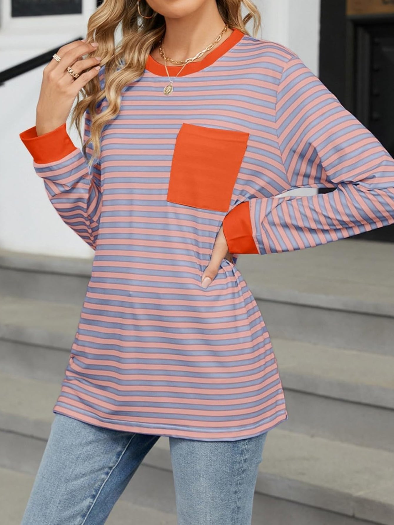 Women's Striped Long Sleeve Shirts Color Block Loose Pullover Tops Crew Neck Casual Blouse Sweatshirts Fall Outfits