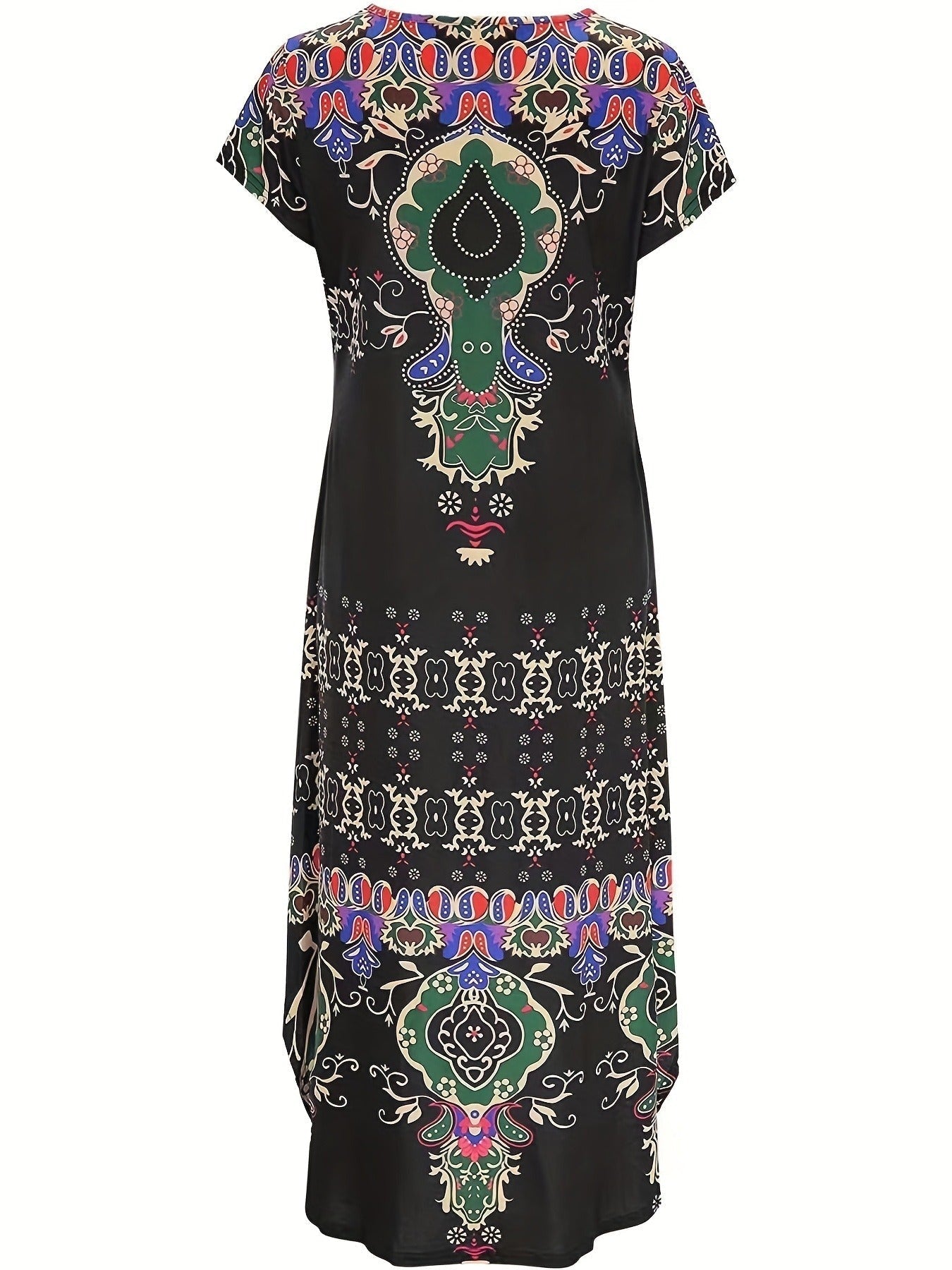 Boho Paisley Print Crew Neck Dress, Casual Short Sleeve Dress