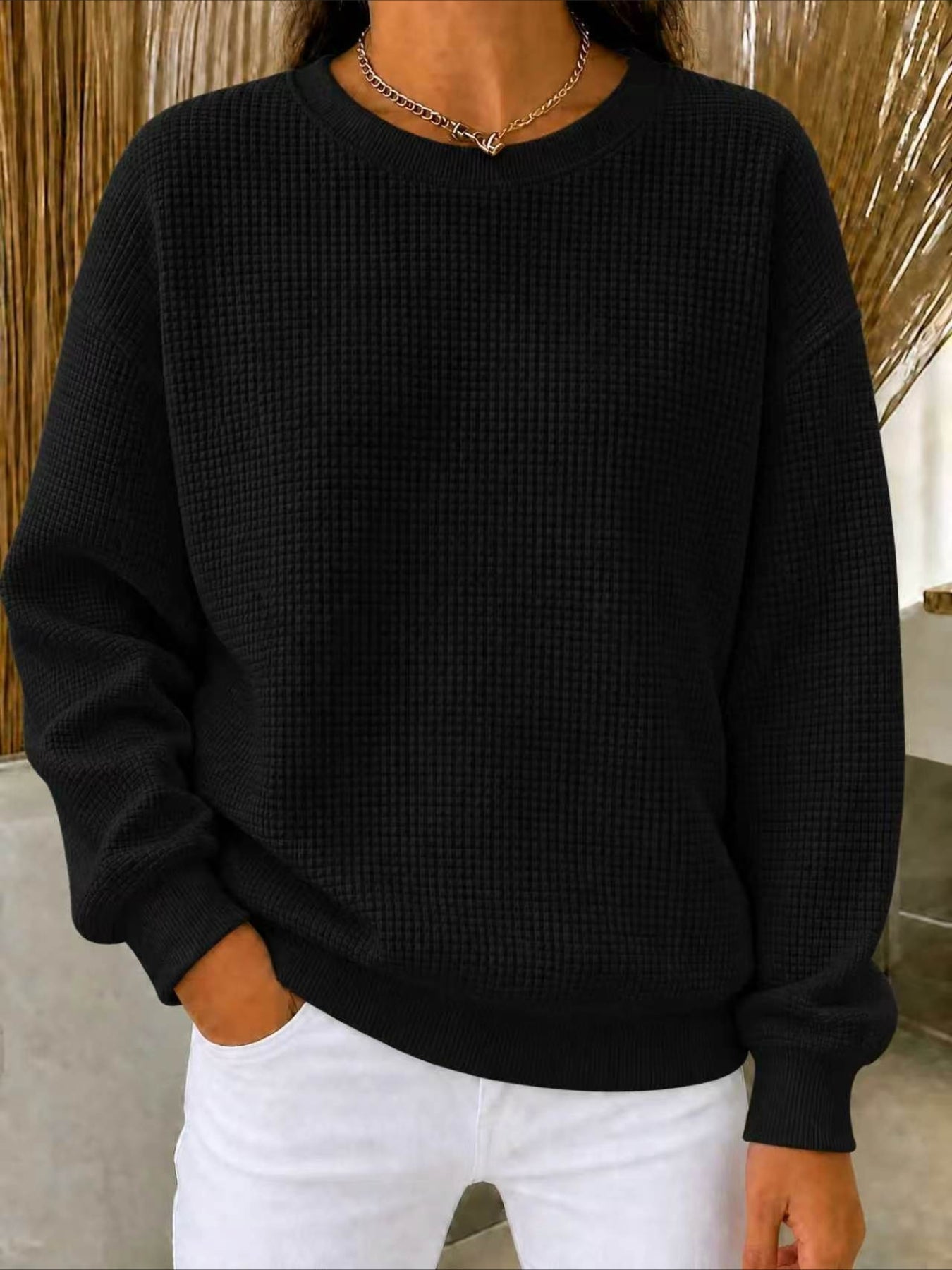 Solid Color Long Sleeve Crew Neck Loose T-shirt