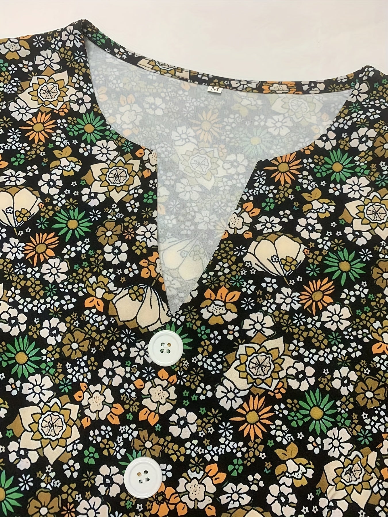 Ditsy Floral Print V Neck Dress, Casual Ruched Summer Dress With Pockets