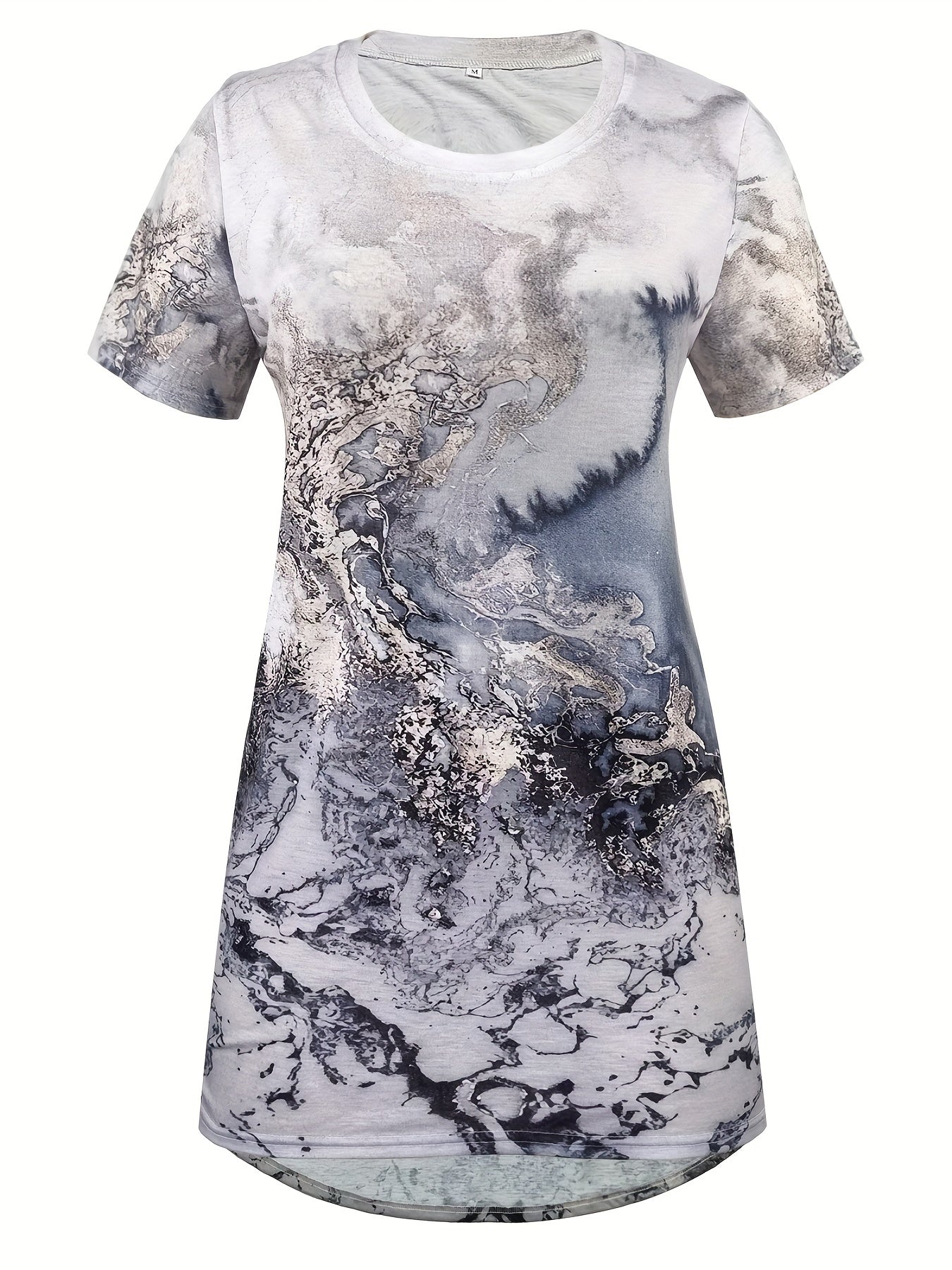 Marble Print Crew Neck T-shirt, Casual Short Sleeve Summer Mid Length T-shirt