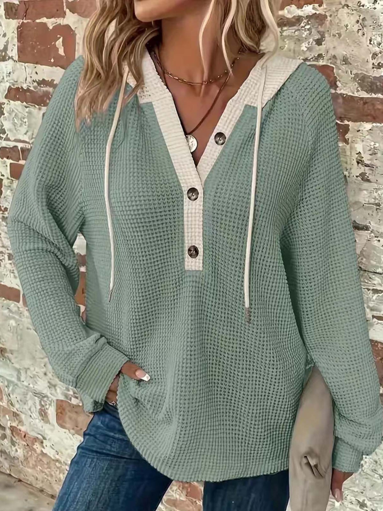 Casual Hoodie Sweatshirt | Women's Semi-Sheer, Solid Knit | Stretch Fit with Button Detail | Easy-Care