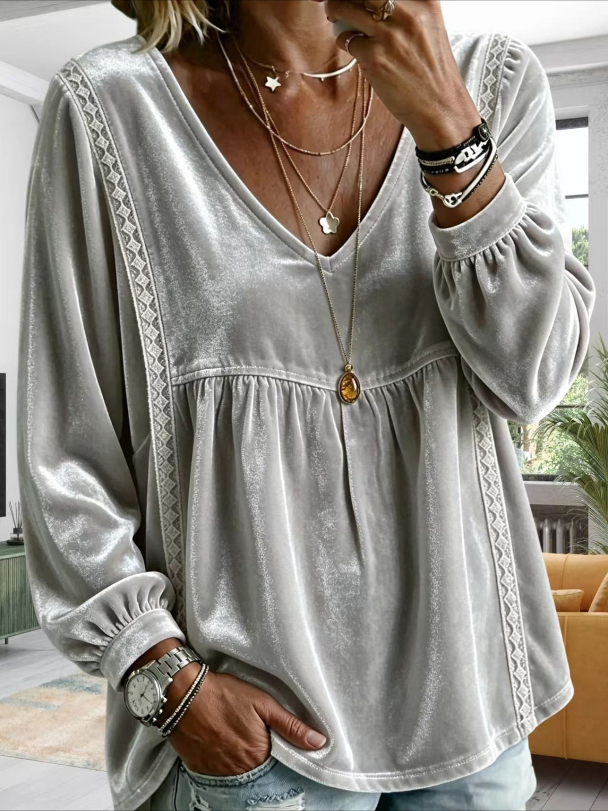 V-Neck Lace Trim Long Sleeve Velvet Blouse
