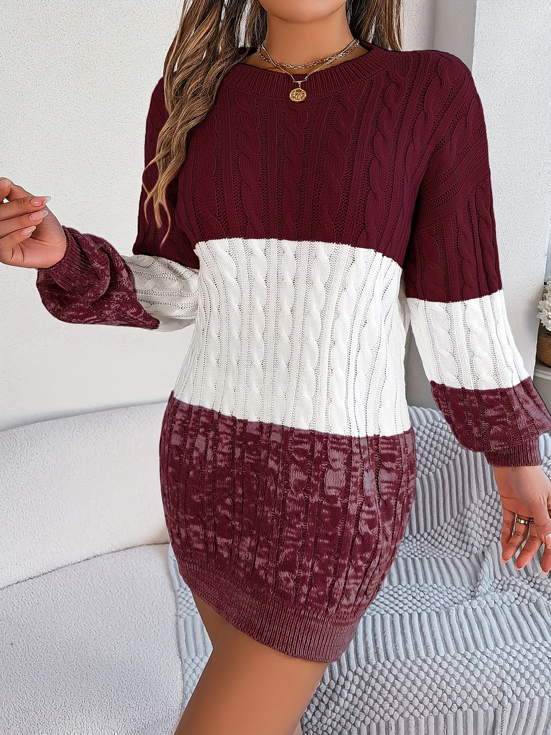 Color Block Long Sleeve Dress, Crew Neck Cable Knit Slim Dress