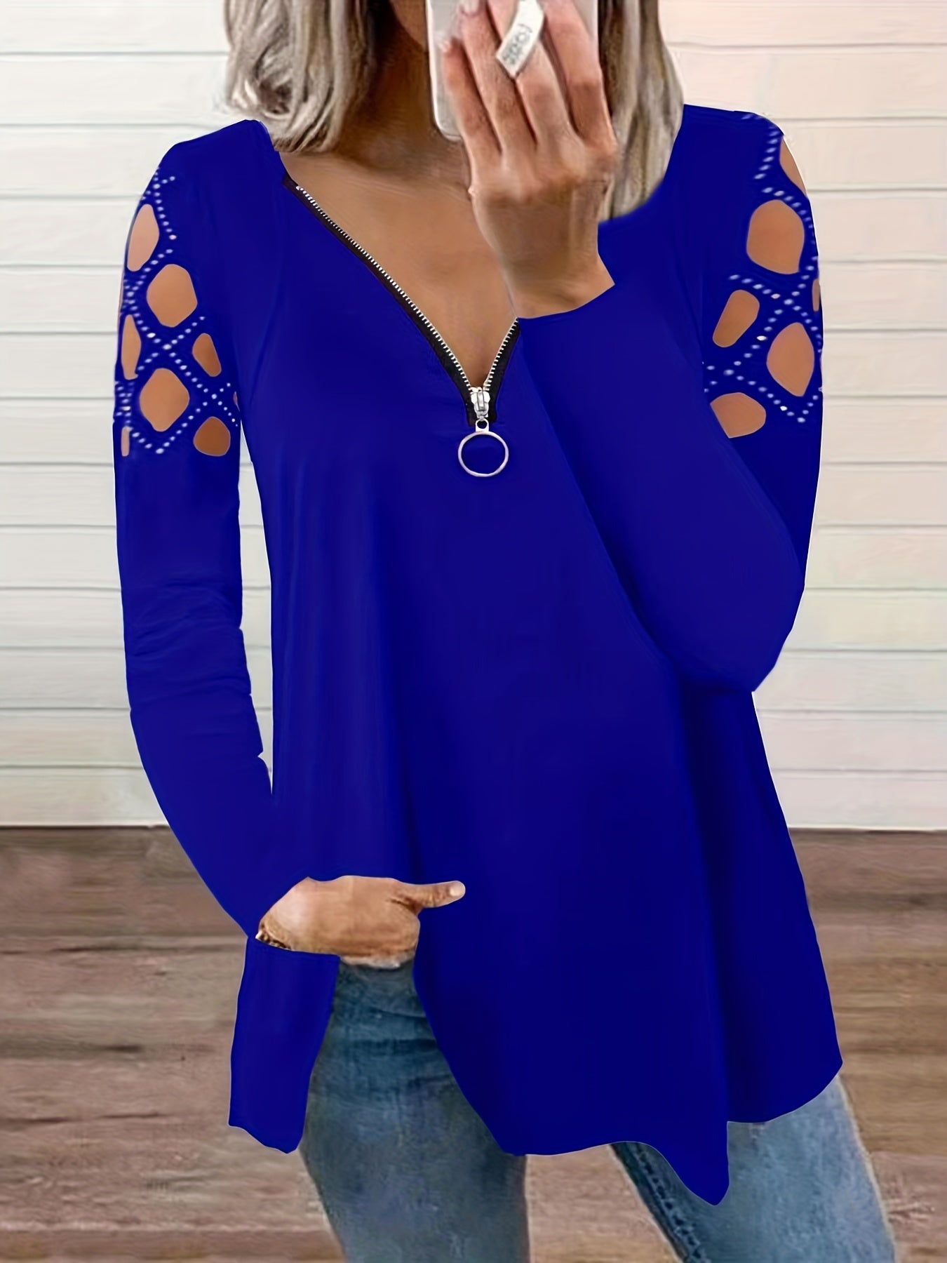 Cutout Zipper Front T-Shirt, Casual V Neck Long Sleeve T-Shirt