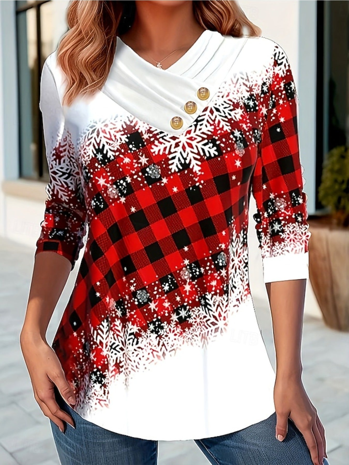 Christmas Tree Print Button Decor T-shirt, Casual Long Sleeve Plaid Print T-shirt