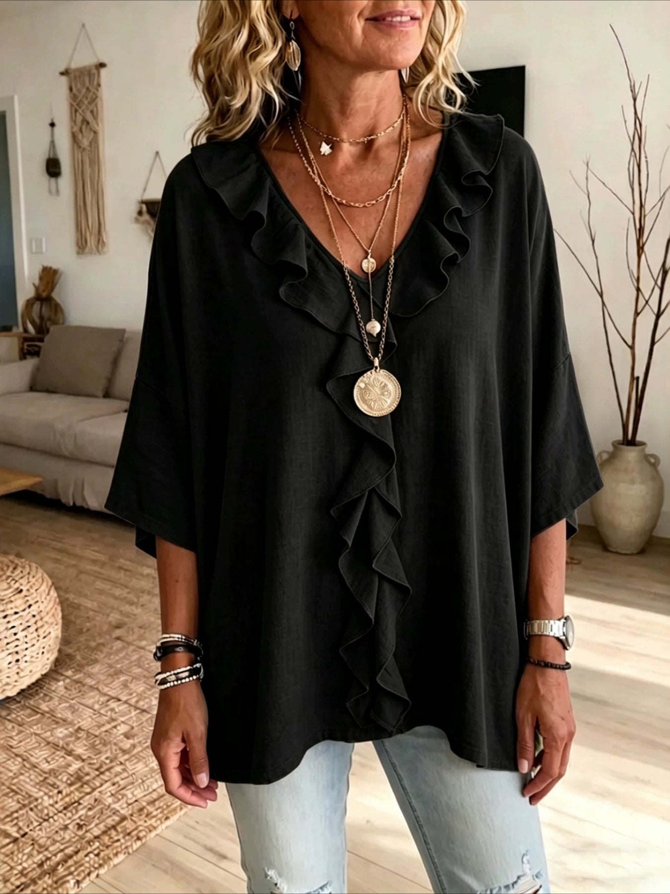 V Neck Casual 3/4 Sleeve Top with Ruffle Edge