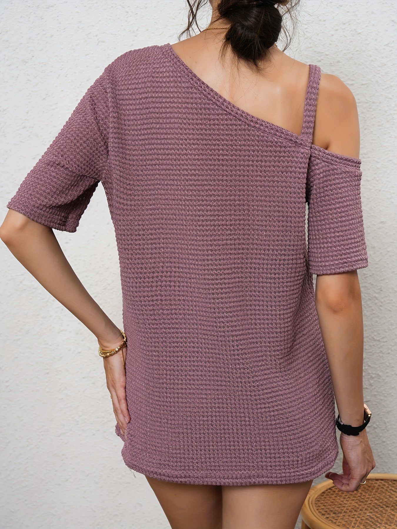 Women's Asymmetrical Waffle Blouse with Slanted Chain Shoulder and Short Sleeves