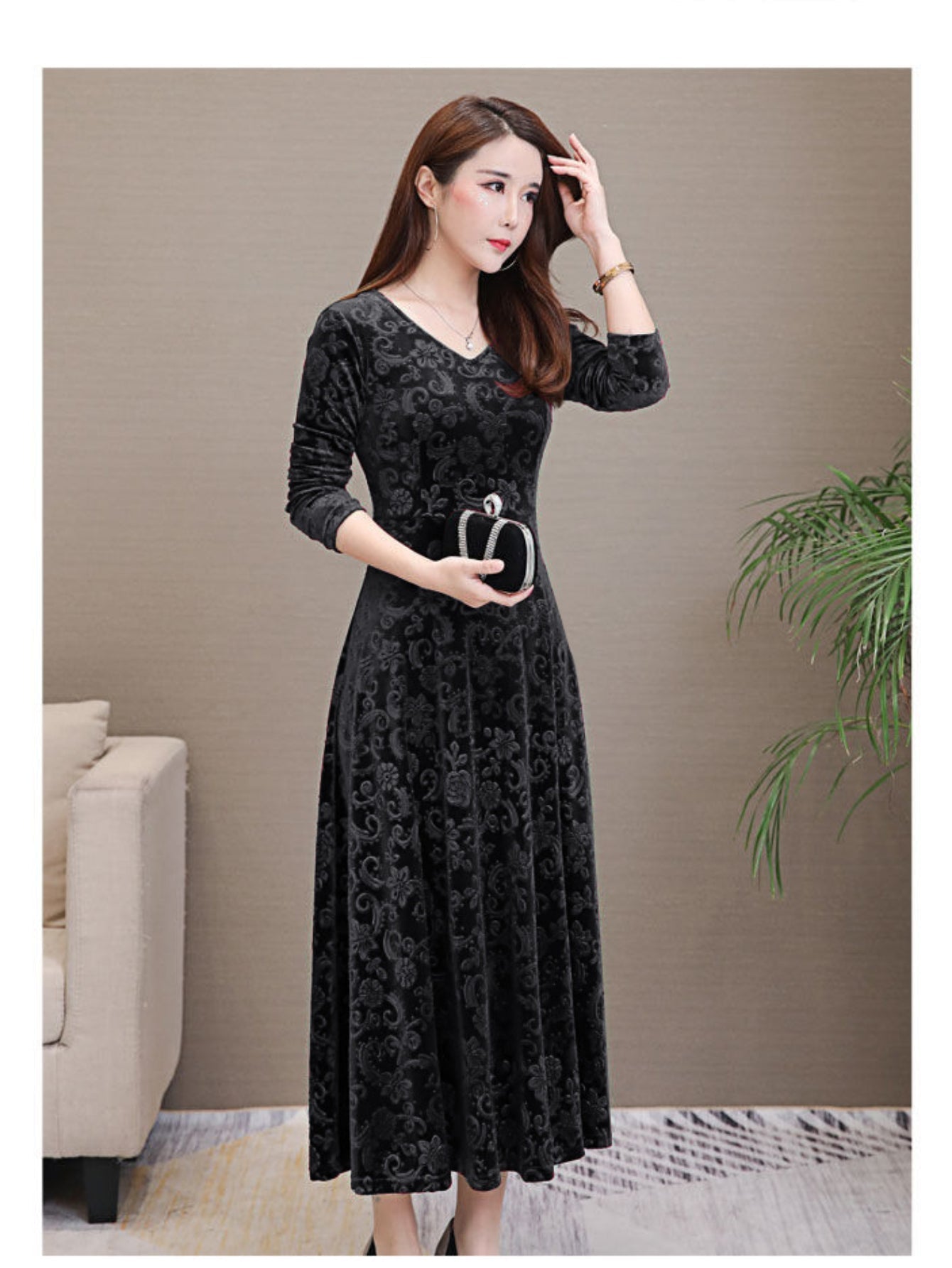 Solid Color Long Sleeve Dress, Elegant V Neck Flared Dress