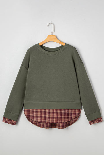 Moss Green Vintage Plaid Patchwork Drop Shoulder Sweatshirt