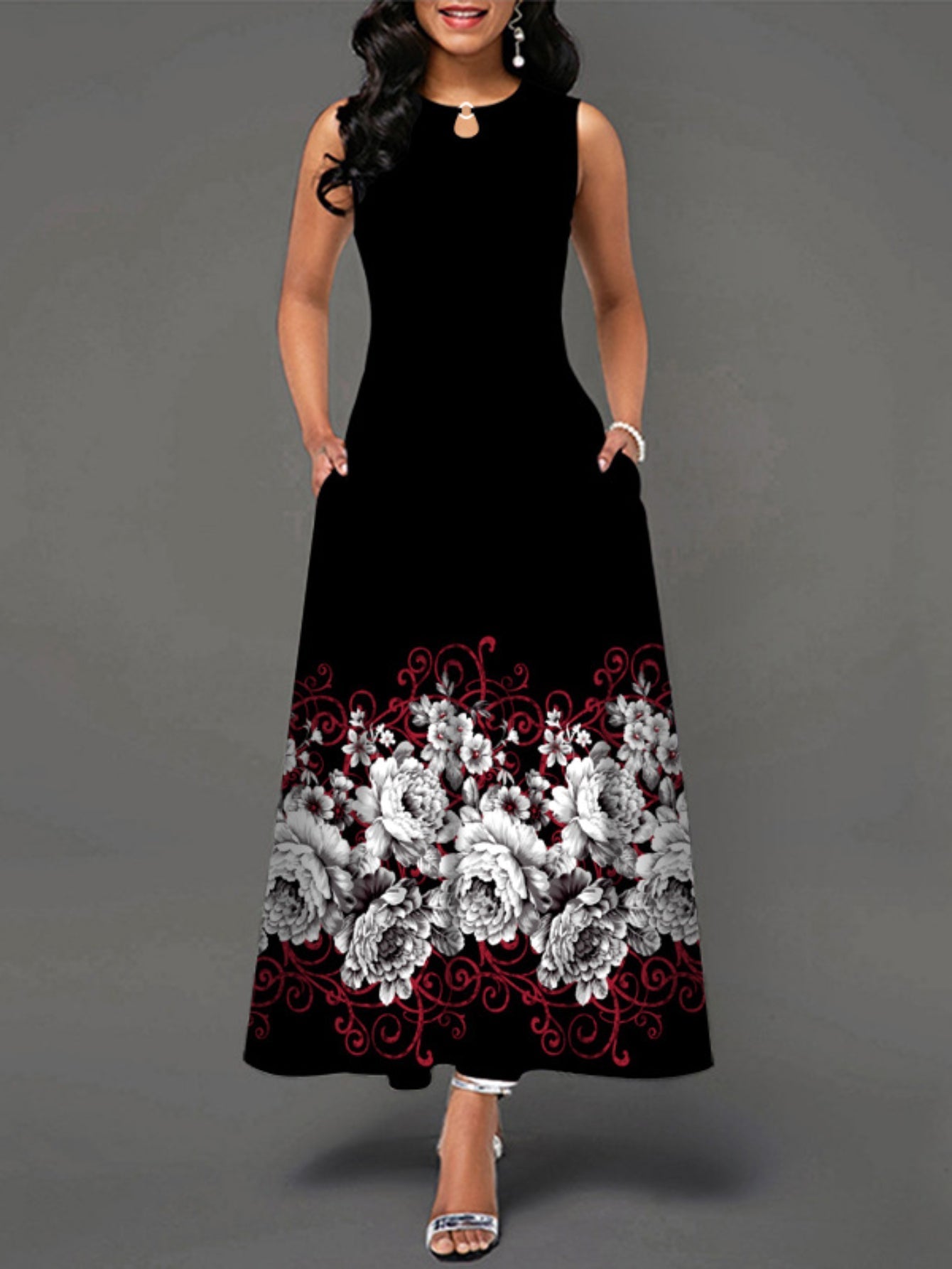 Casual Tank Dress, Colorblock Floral Print Cut Out Round Neck Medium Stretch Maxi Tank Dress