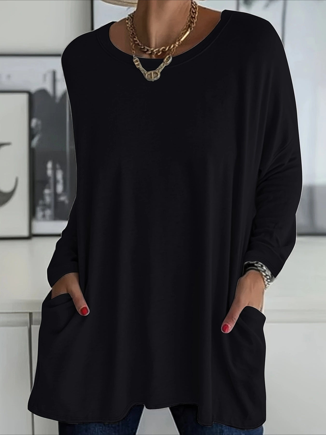 Solid Color Pocket Long Sleeve Crew Neck Top