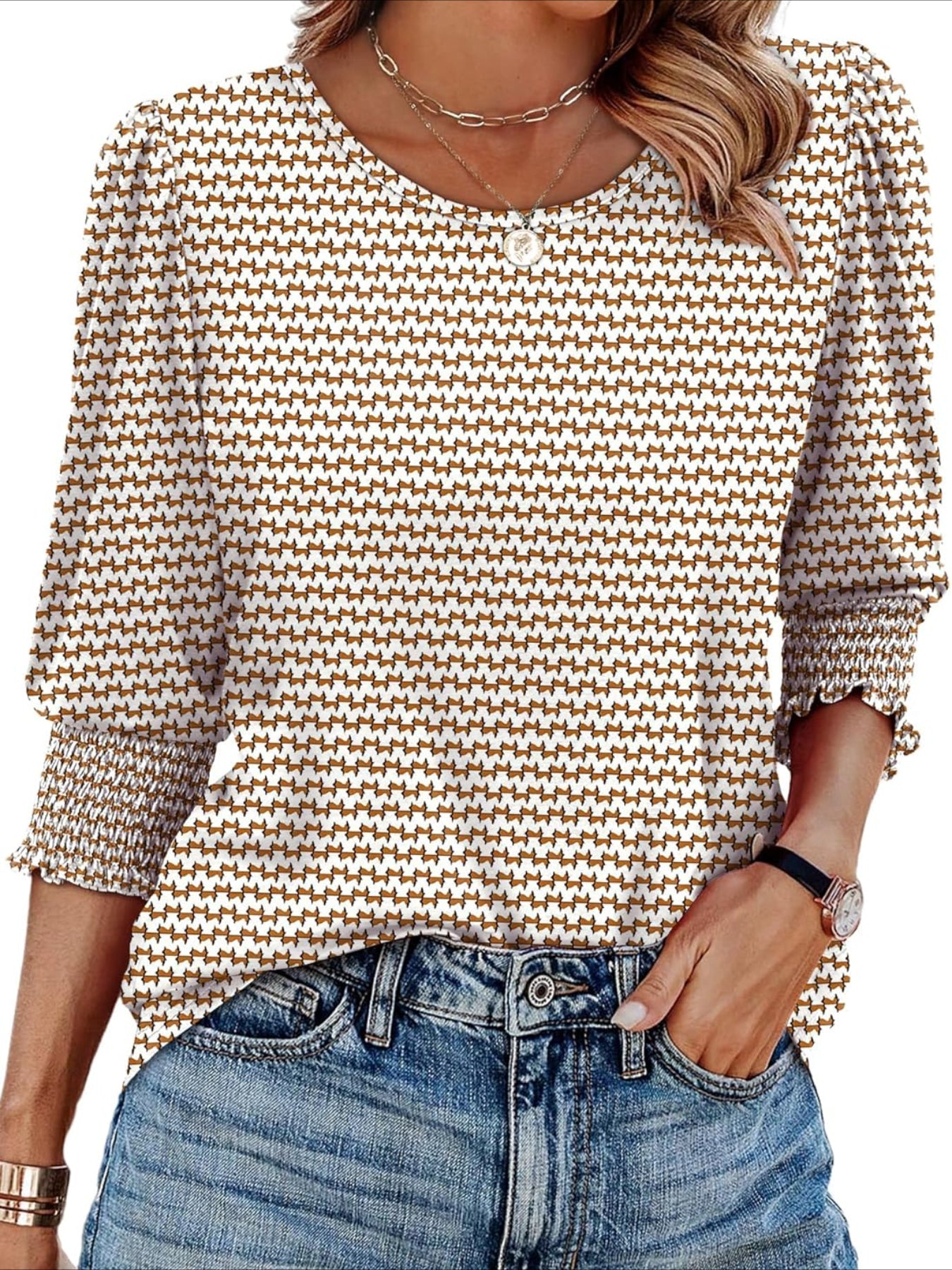 Casual 3/4 Length Sleeve Blouses with Smocked Cuffs