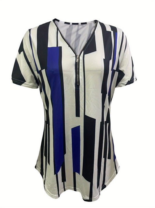 Striped Print V Neck Zipper T-shirt, Casual Loose Short Sleeve Summer T-Shirts Tops