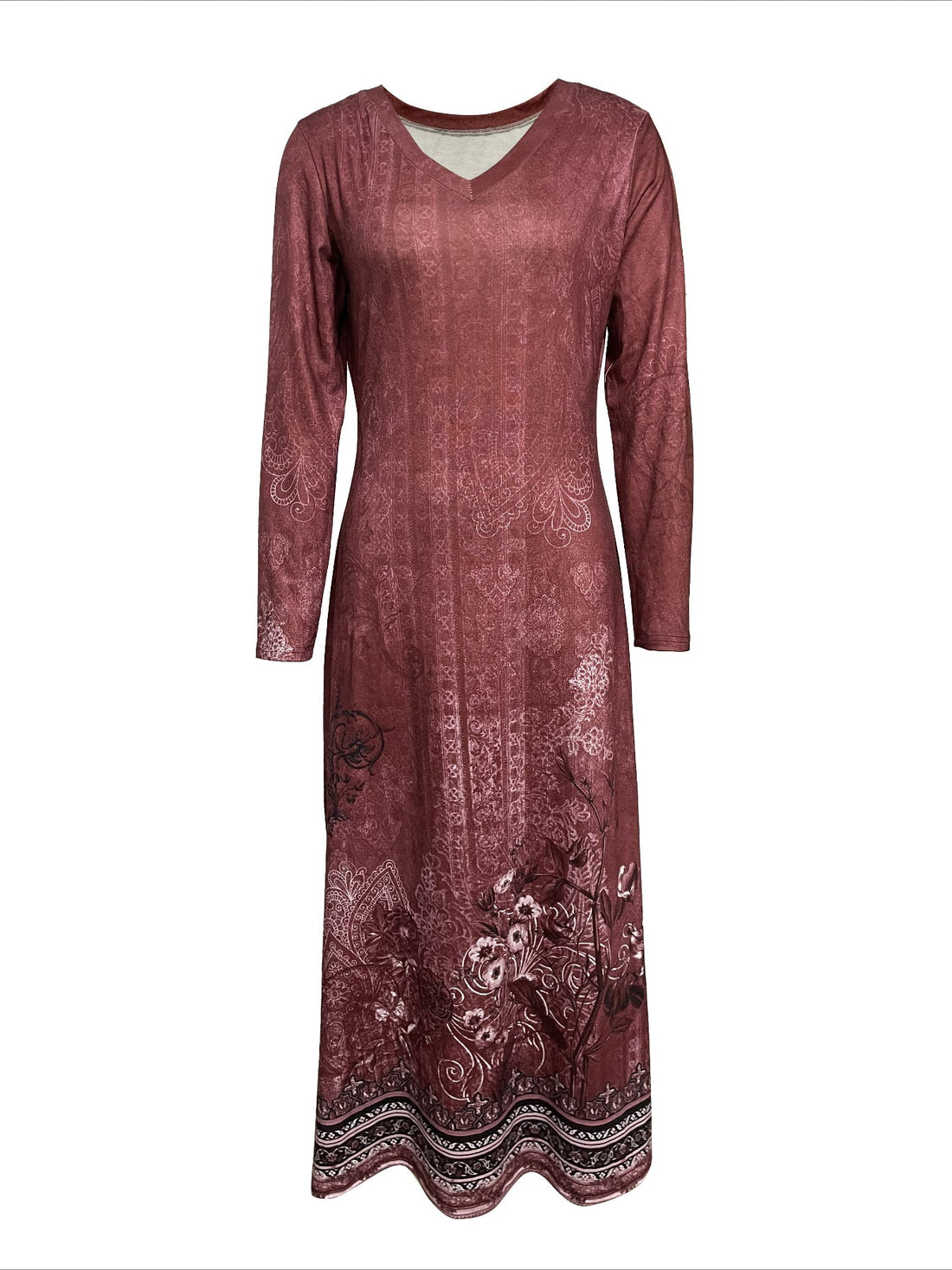 Vibrant Floral Print Vintage-Inspired Long Sleeve V Neck Dress - Stylish, Comfortable, and Versatile
