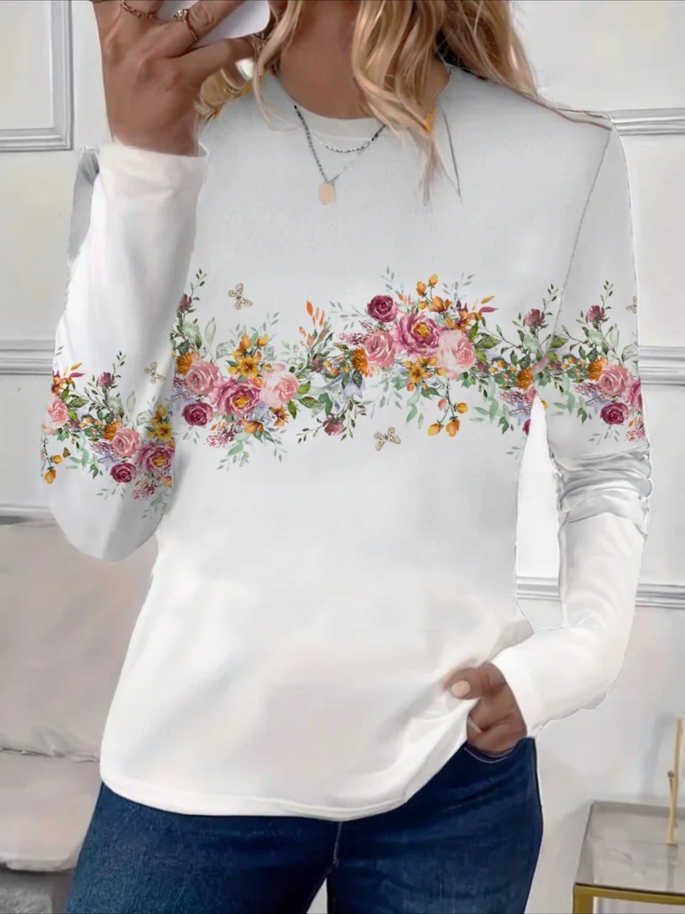 Long Sleeve  Floral Printing Crew Neck Casual Graphic Tee