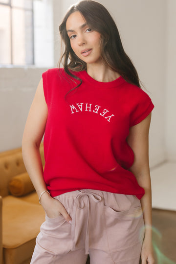 Fiery Red YEEHAW Embroidered Letter Loose Short Sleeve Sweater