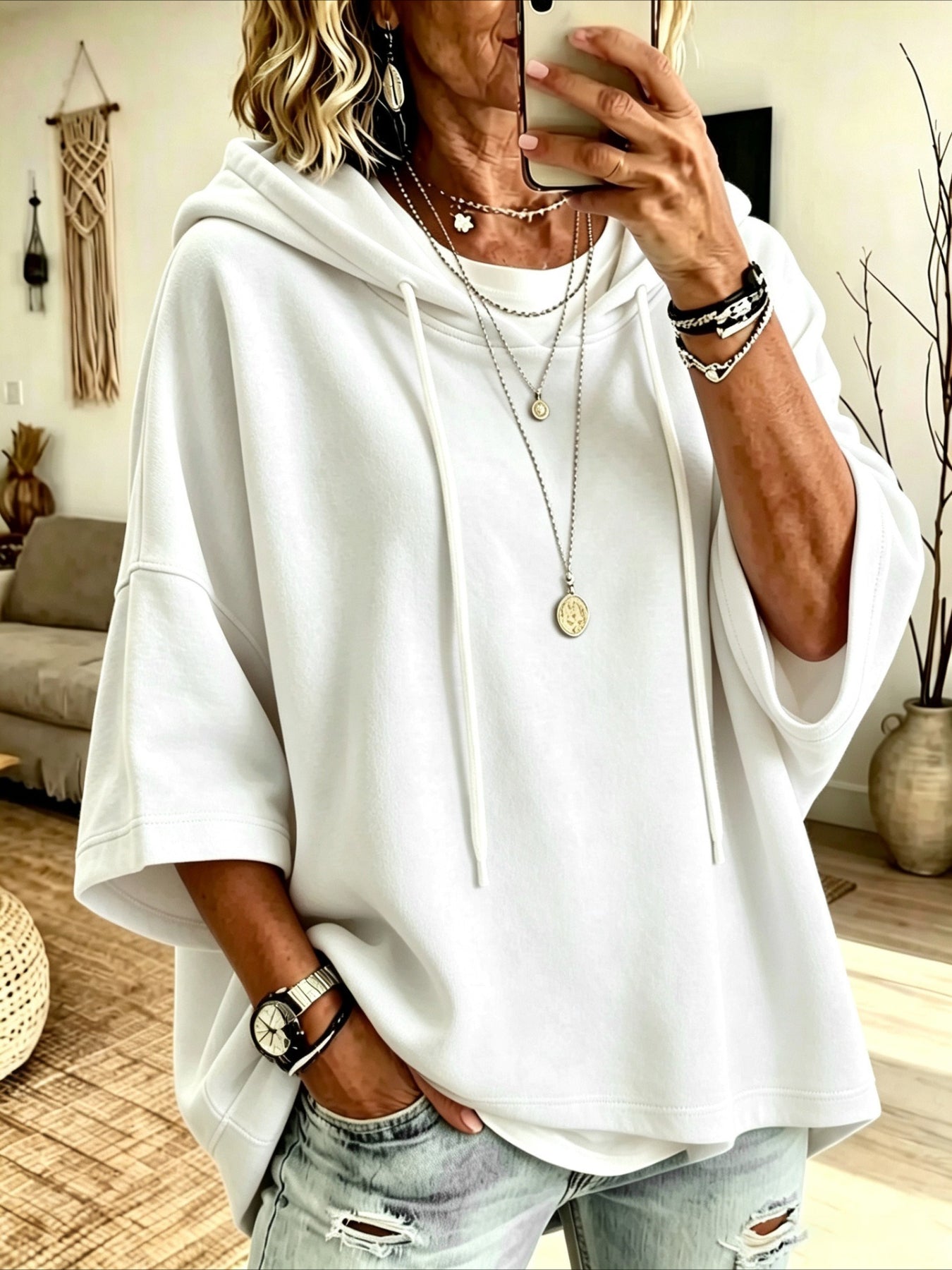 Seven-quarter Sleeves Solid Color Casual Hooded Sweatshirt