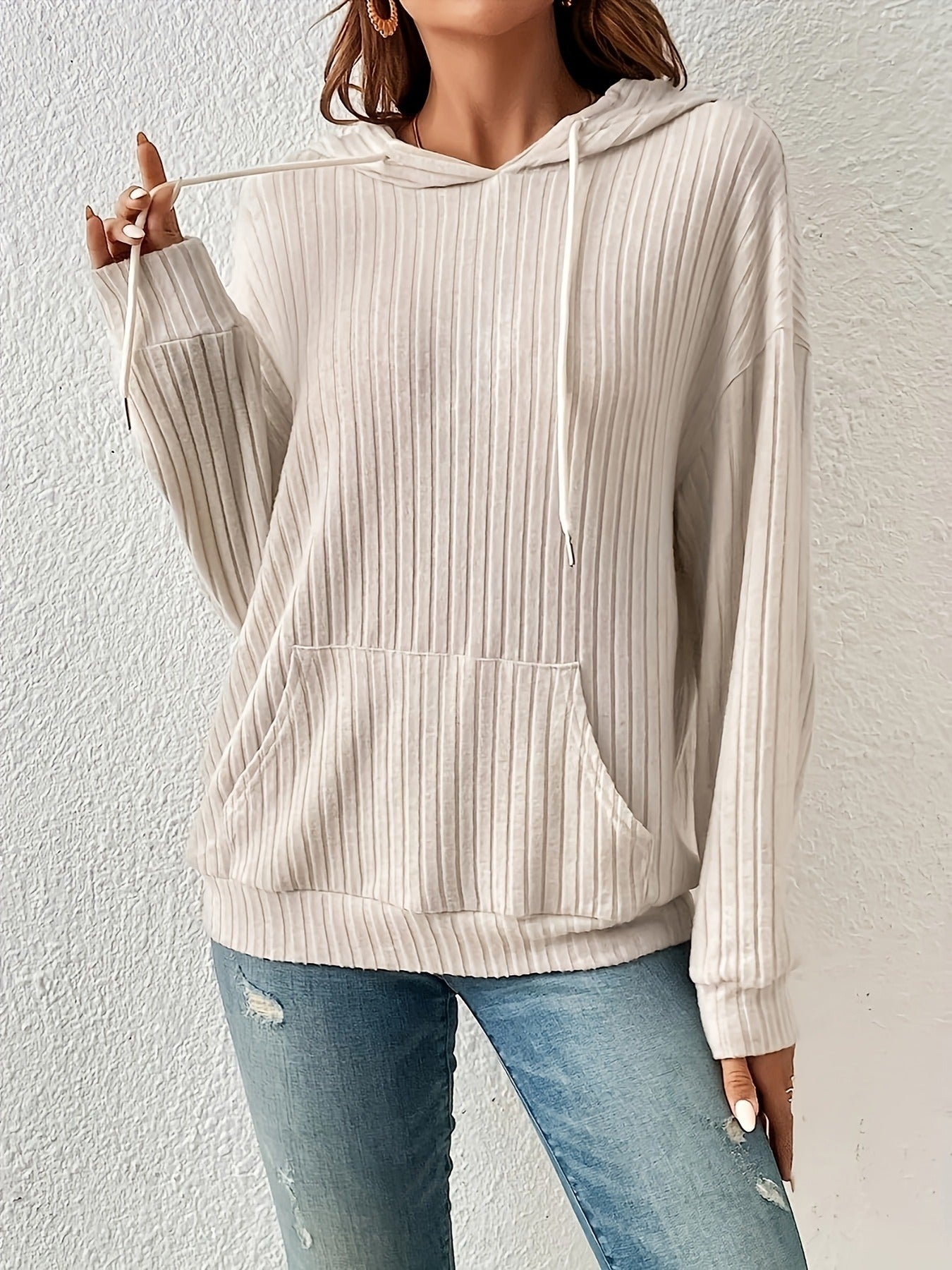 Women's Ribbed Knit Long Sleeve Drawstring Medium Stretch Hooded Sweater With Kangaroo Pocket