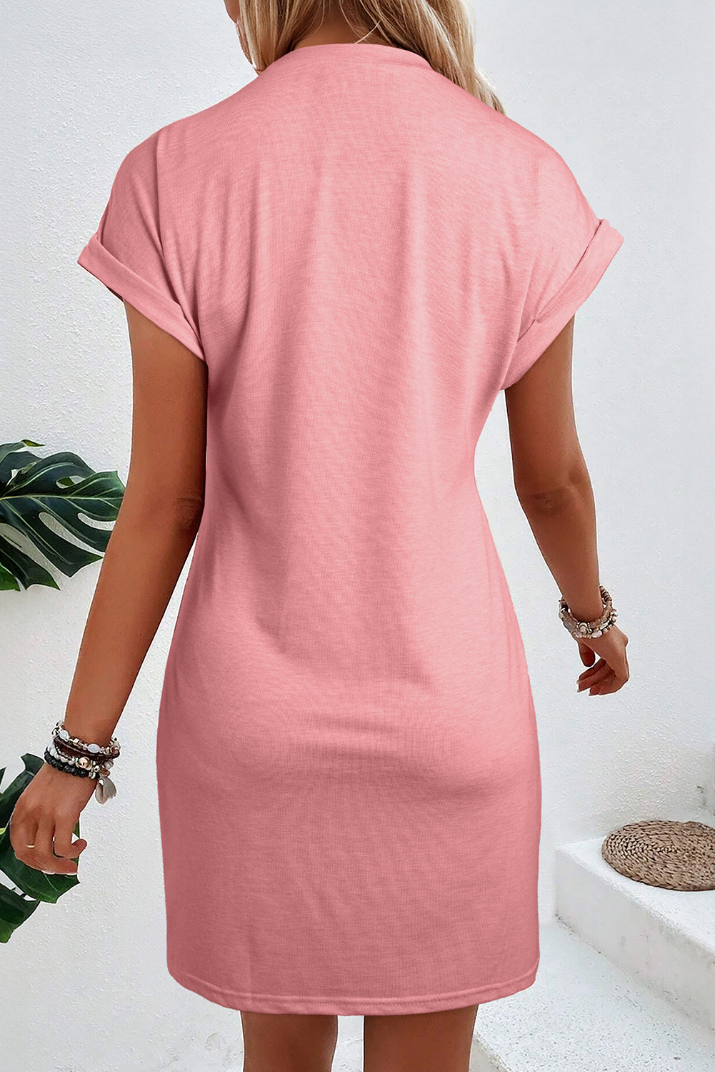 Rose Pink Center Seam Rolled Cuffs T-shirt Dress